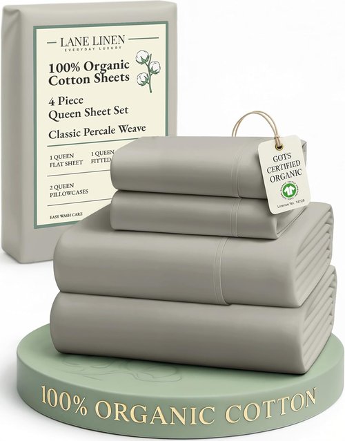 LANE LINEN 100% Organic Cotton Queen Sheets - Soft, Naturally Cooling Percale Weave Set in Silver