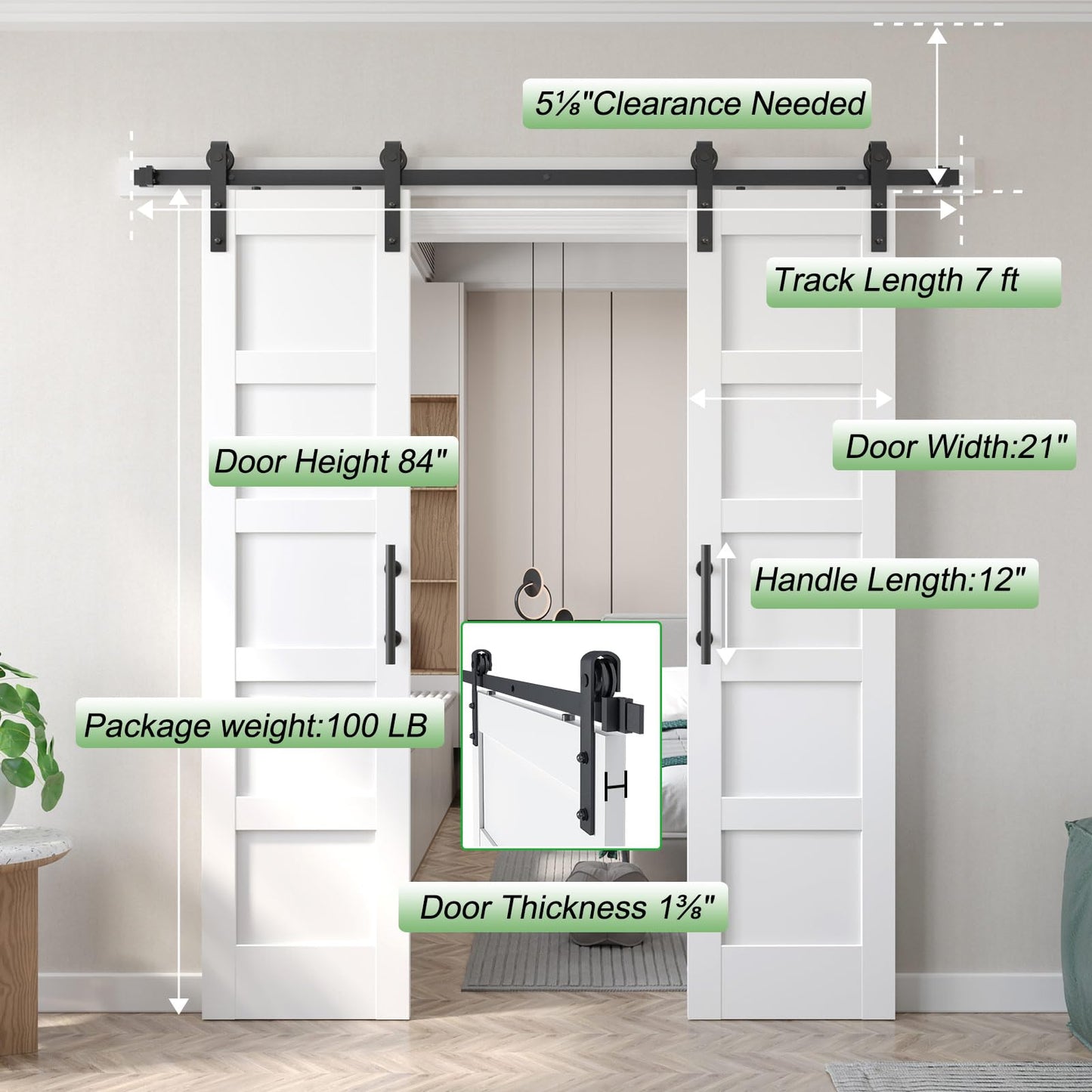 Fredbeck Double 21inx84in White Barn Door and 7FT Sliding Barn Door Hardware Kit Included,Solid,MDF, PVC Surface,DIY Assembly,5-Panel,Fit 38in-41in Opening
