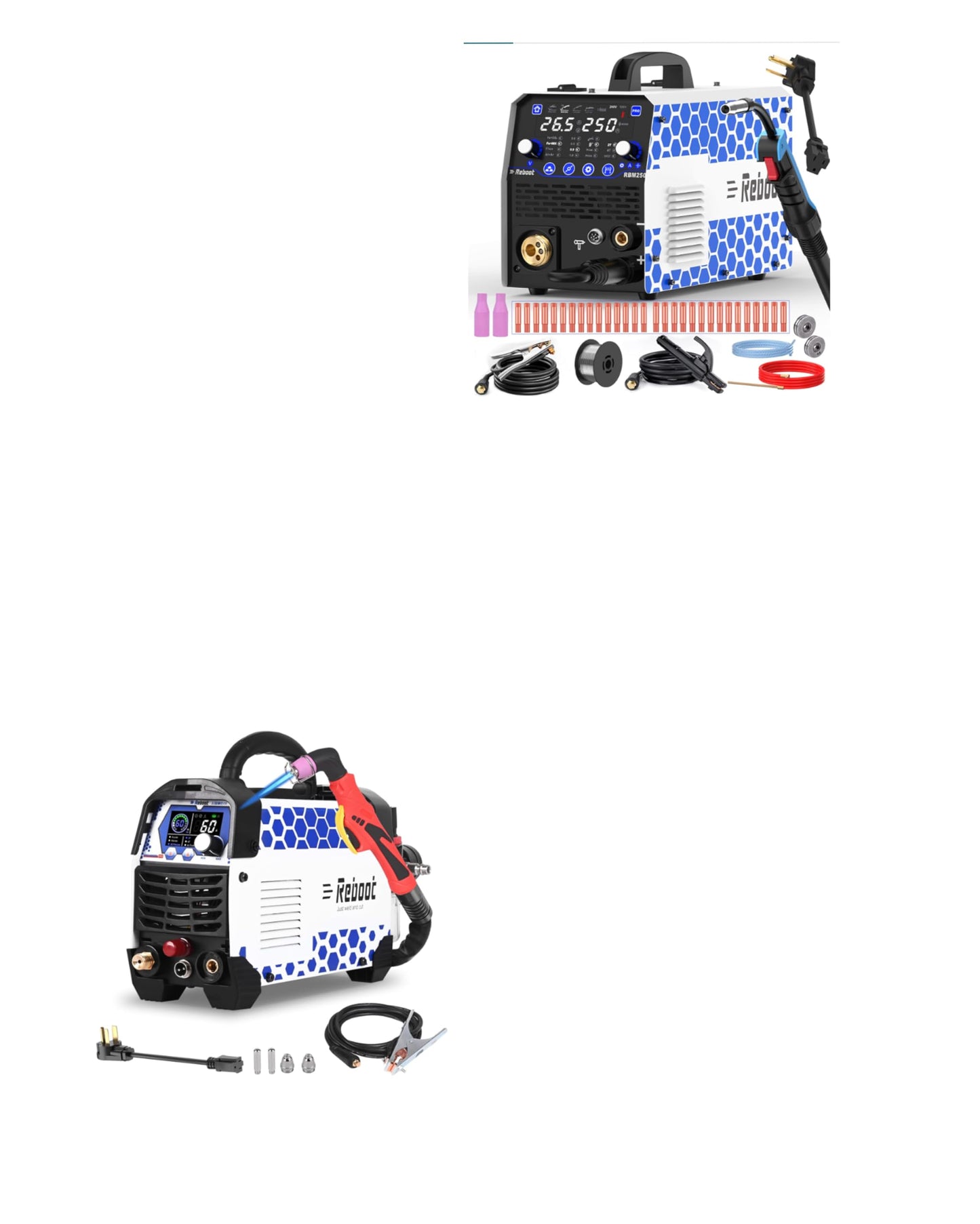 Reboot Pro 60A Plasma Cutter 2025, Pilot Arc Non-Contact Cutting, 120V/240V Dual Voltage,Large Digital Smart Screen with Reboot 250Amp MIG Welder 8-in-1 Dual Aluminum