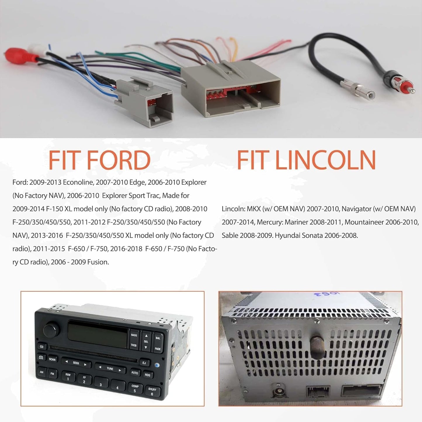2006-2012, 2006-2010, 2006-2009 NuIth Car Radio Stereo Wire Harness Connector Antenna Adapter for Ford Lincoln Mercury