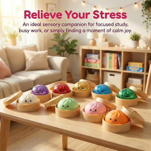 Dumpling Squeeze Toy - Glittery Stress Relief Ball with Steamer Box | Soft Sensory Gift for Kids & Adults (A-Blue)