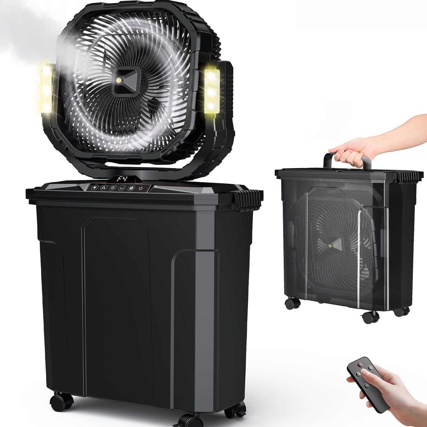 Ausic 5 Gal 12" Portable Misting Fan for Outside Patios, 30000mAh Outdoor Rechargeable Battery Oscillating Fan with Remote, Cooling Camping Dugout Fan with Light/Timer/Caster, Summer Essential