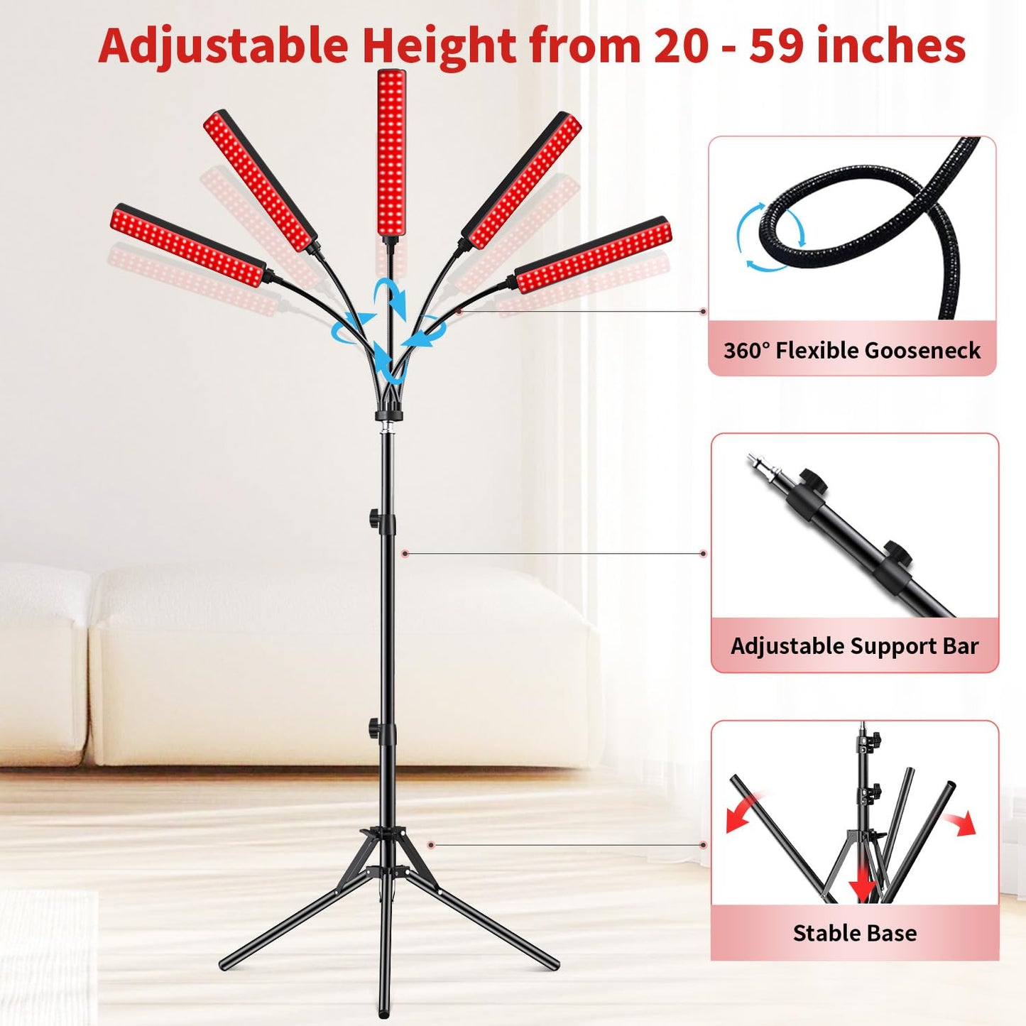 Cholas Red Light Therapy for Face Body, 5 Heads Red Infrared Light Therapy Devices with Stand, 5 Levels Adjustable Brightness 660nm and 850nm Near Infrared Light for Full Body, Muscle Gift for Women