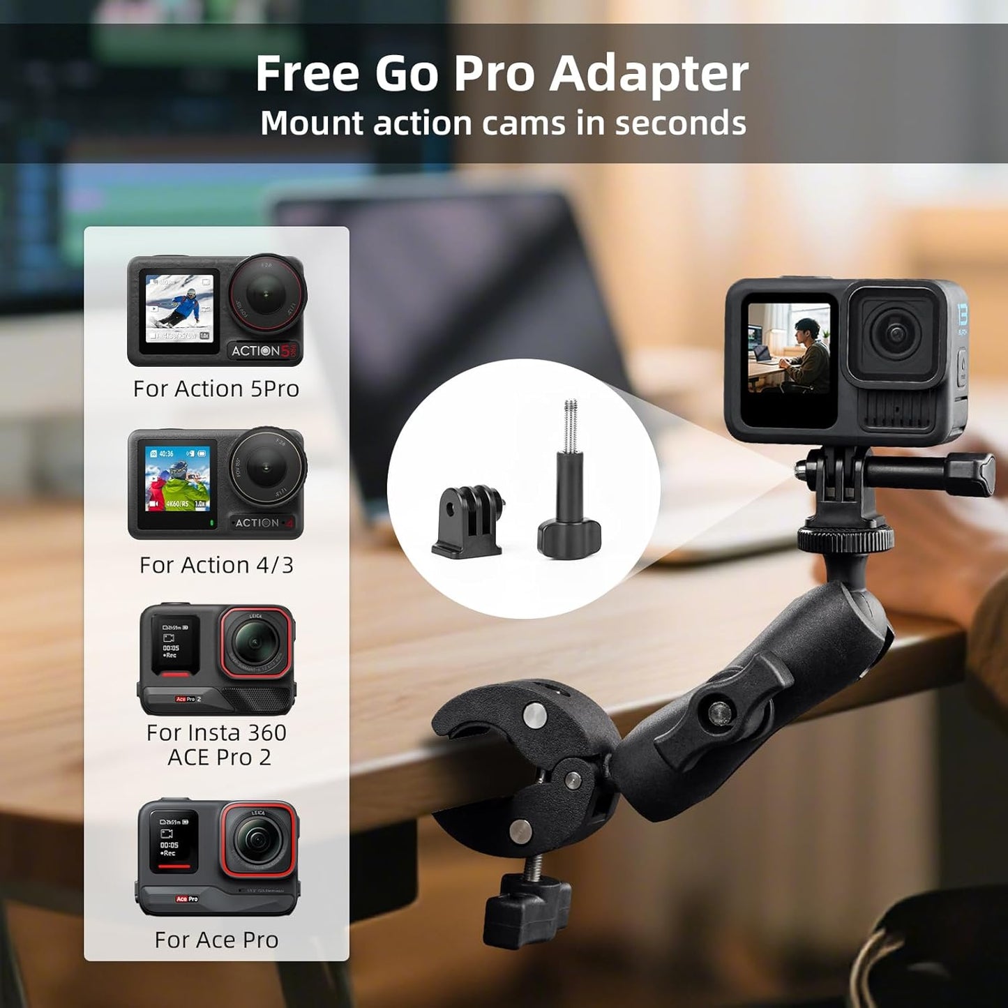 BRDRC Double Clamp Mount Umbrella Holder Camera Pole Bracket for Stroller Wheelchair Monitor Magic Socket Arm Desk