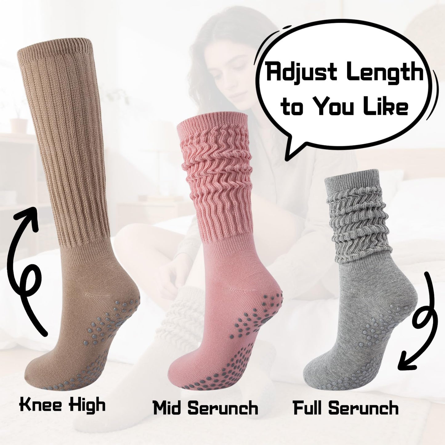 MKYSZLT 6 Pairs Grip Pilates Socks for Women Non Slip Grippy Slouch Scrunch Yoga Barre Socks with Grips Workout Hospital (1#(white,black,khaki,gray,pink,beige))
