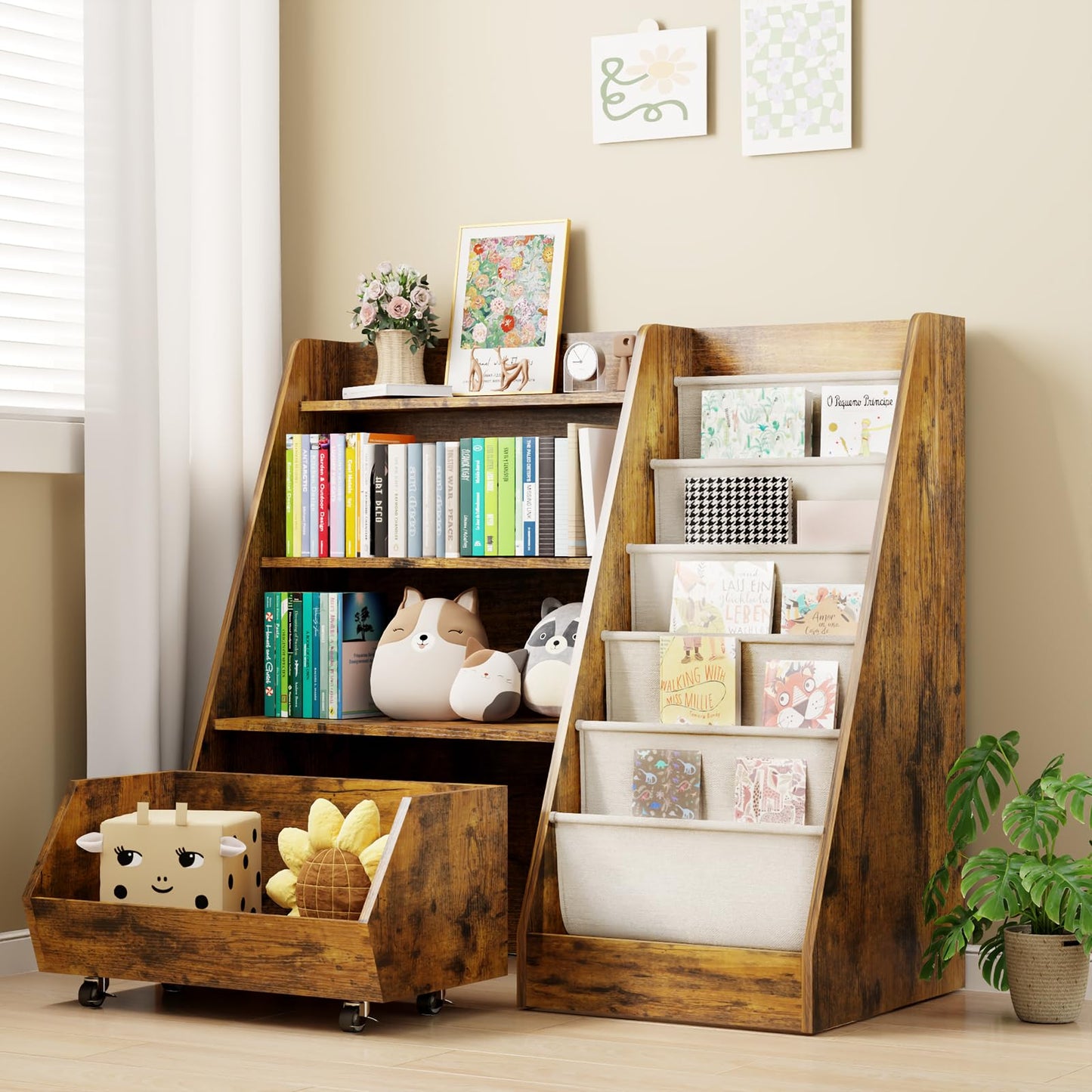 COZPAW Kids Bookshelf and Toy Storage, 4 Tier Toddler Bookshelf with Movable Drawer (Brown)
