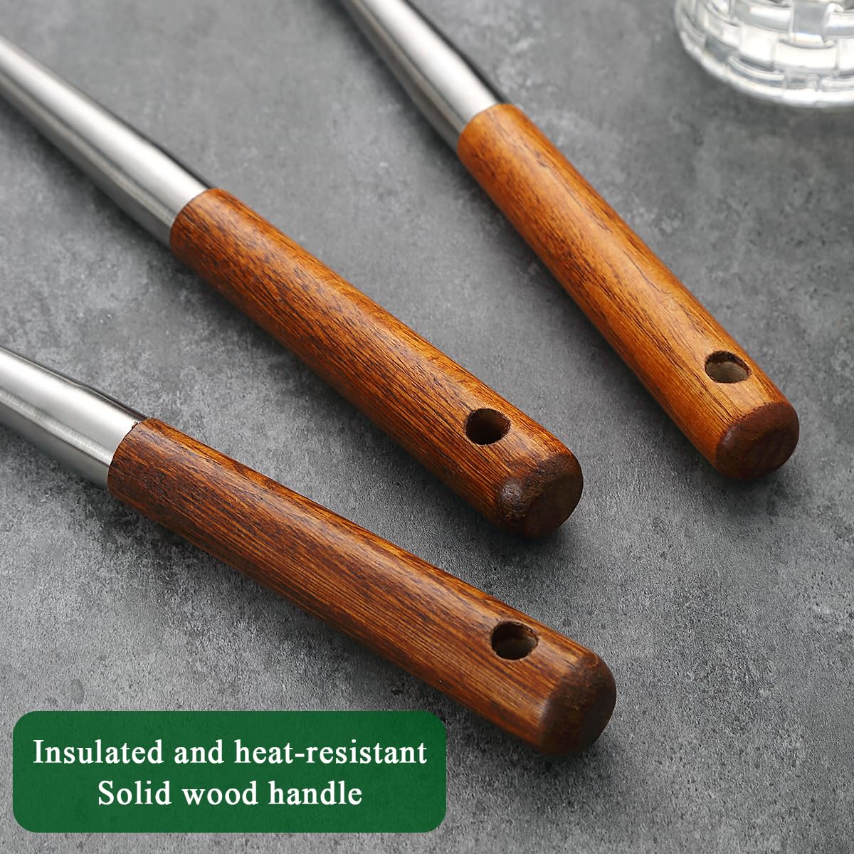 Evanda Wok Spatula Set 17", Heat Resistant Wood Handle Stainless Steel Wok Tools, Ladle, Metal Spatula, Kitchen Skimmer, Professional Kitchen Cooking Utensils Set, Wok Accessories Dishwasher Safe