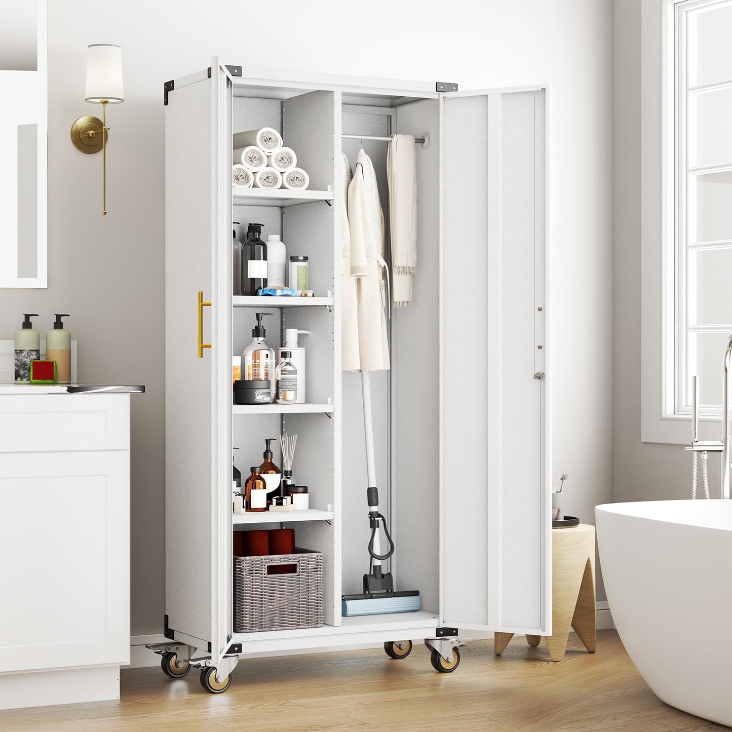 pozdeg Broom Closet Garage Storage Cabinet with Wheels, 71" Metal Cleaning Cabinets with Hooks and Hanging Rods, Tall Freestanding Lockable Tool Utility Cabinet for Home, Office (White)
