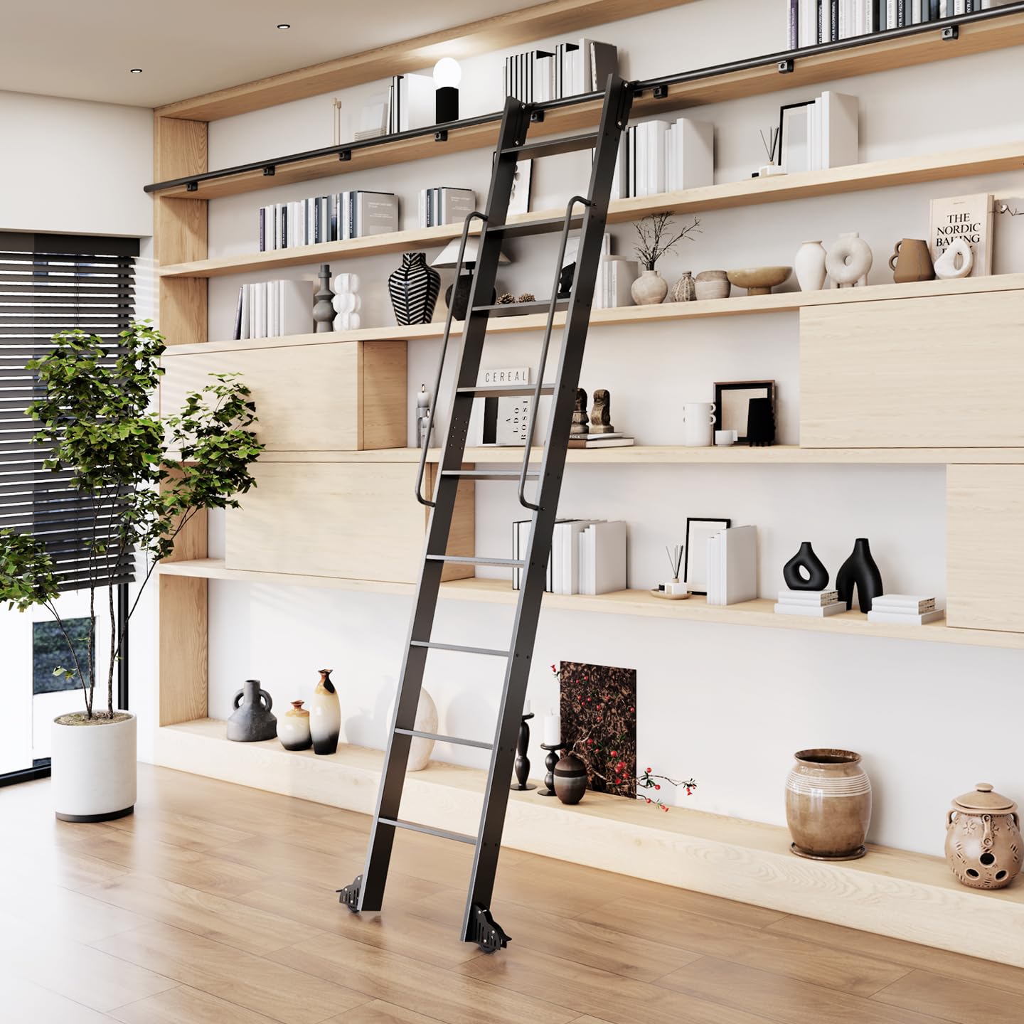 104RDHOUSE 9FT Lightweight Aluminum Rolling Step Ladder 108",Rolling Library Ladder with Wheels,Industrial Sliding Ladder for Home Library,Bookshelf, 4FT Hook Ladder Bookcase Track Kit for Home
