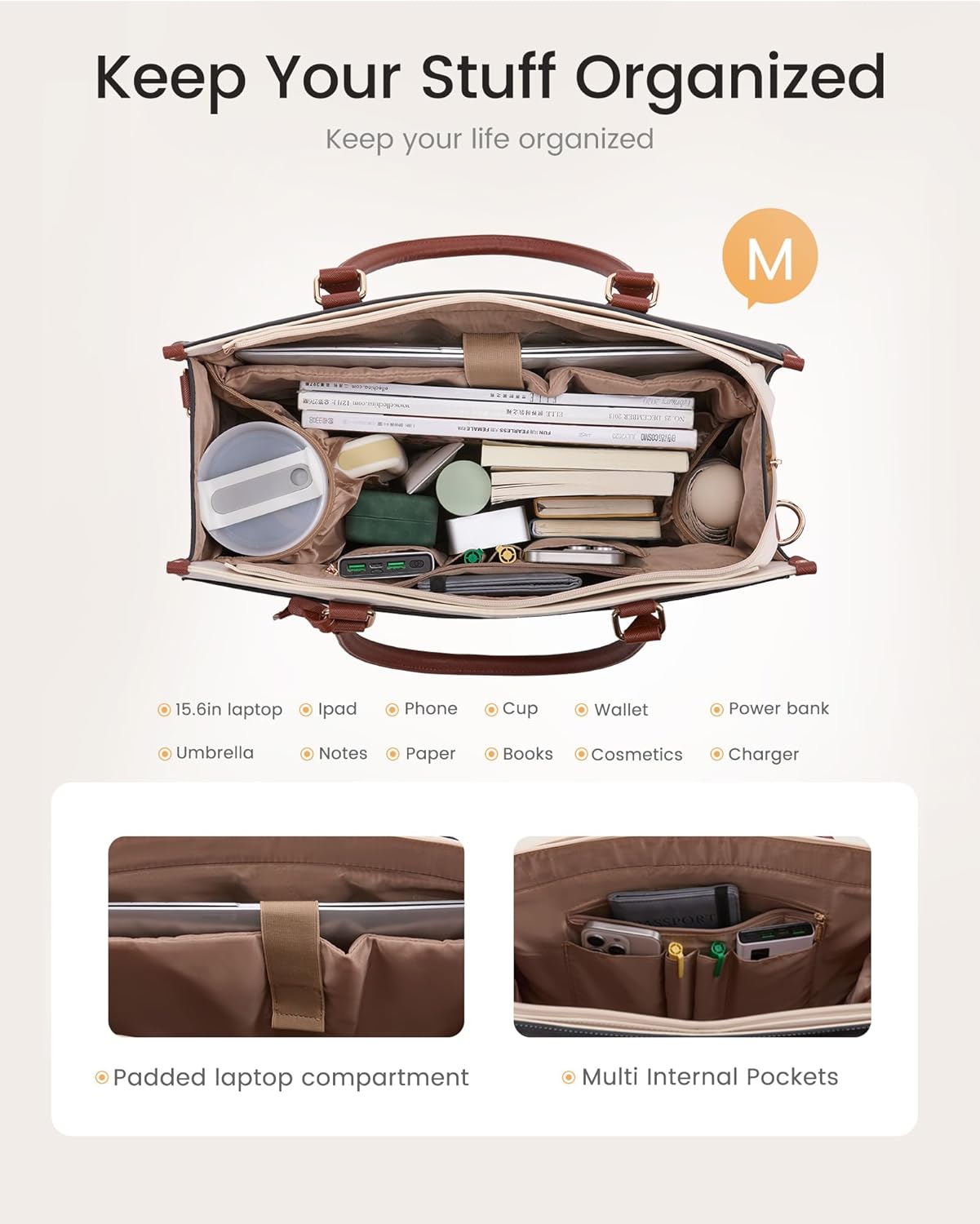 2-in-1 LOVEVOOK Laptop Bag for Women, Tote Purse with Clutch & Cup Holder, Waterproof Briefcase for Work Travel