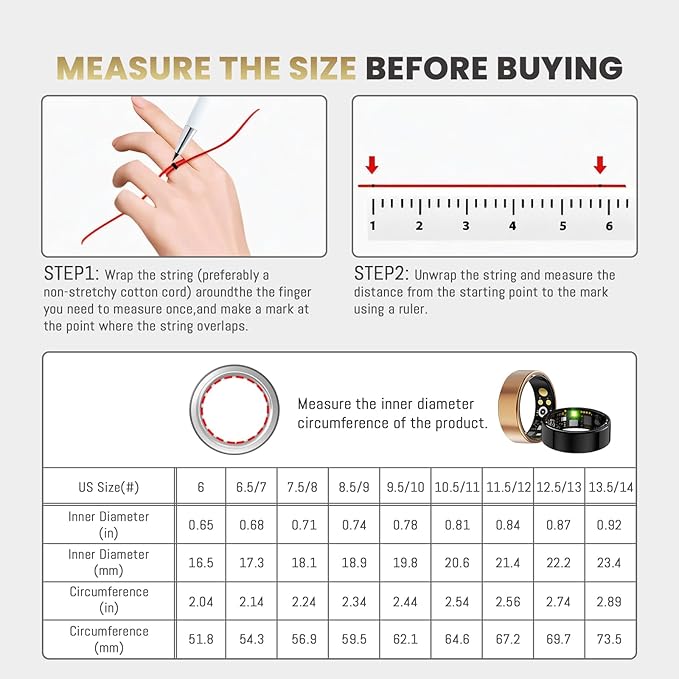 Smart Ring for Women Men, Health Tracker with Heart Rate/Blood Oxygen/Blood Pressure/Sleep Monitoring/Step Counting, IP68 Waterproof Fitness Ring, No App Fees for iPhone & Android (Black, 8#)