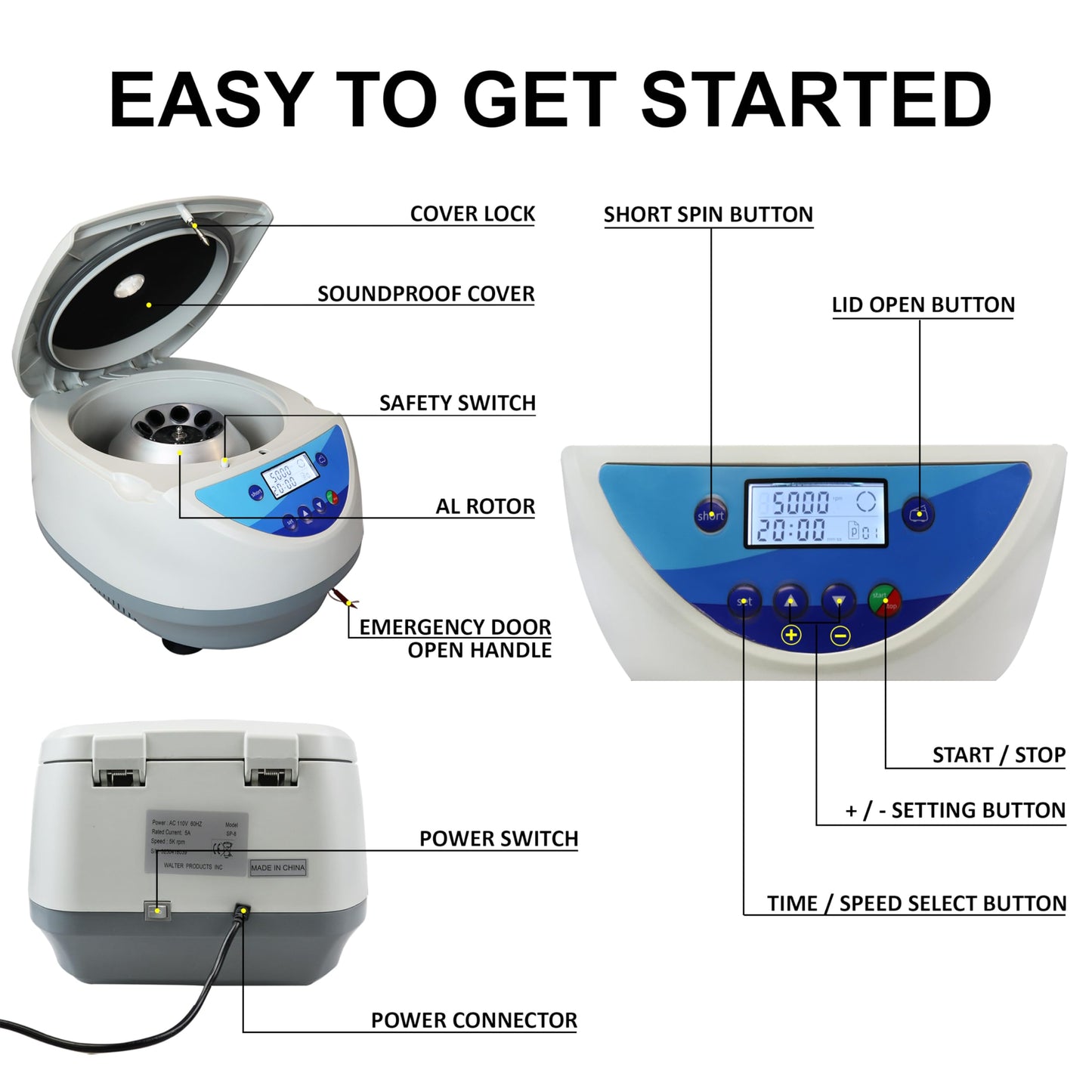 Vision Scientific VS-TC-SPINPLUS-8 Digital Bench-top Centrifuge | 500-5000rpm (Max. 3074xg) | LCD Display | Includes 15ML X 8 Rotor
