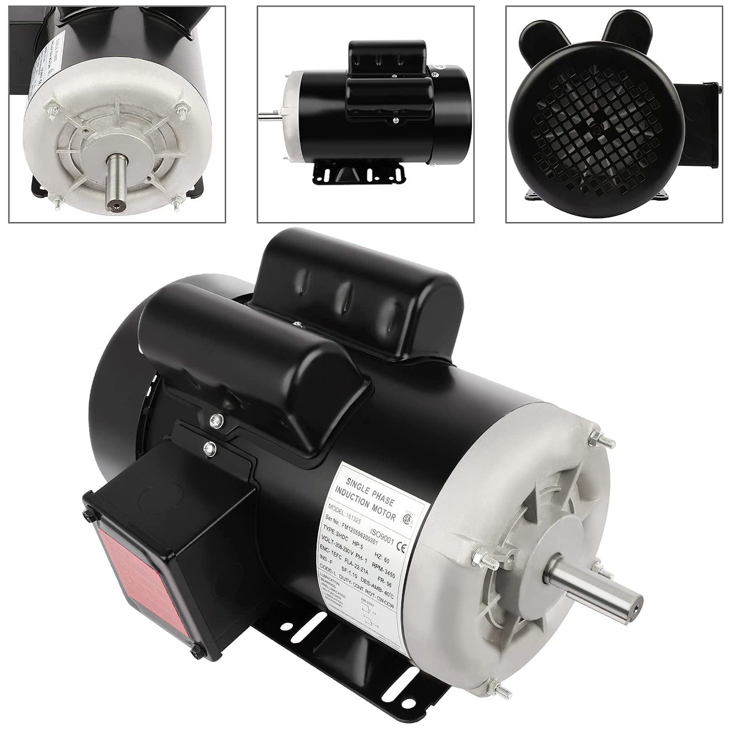 5HP Electric Motor 3450 RPM Farm Duty Single Phase Motor 56 Frame 208-230V 5/8" Shaft Diameter, 60Hz CW/CCW TEFC