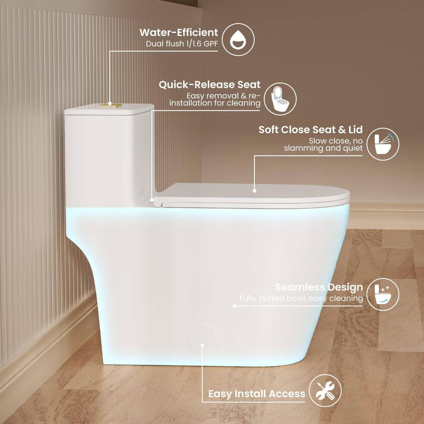 Casta Diva Elongated One Piece Toilet with 17" ADA Comfort Chair Height Seat Compact Toilet for Bathroom Dual Flush 1.1/1.6GPF, 12'' Rough-in, Dual Flush Toilet Button Golden