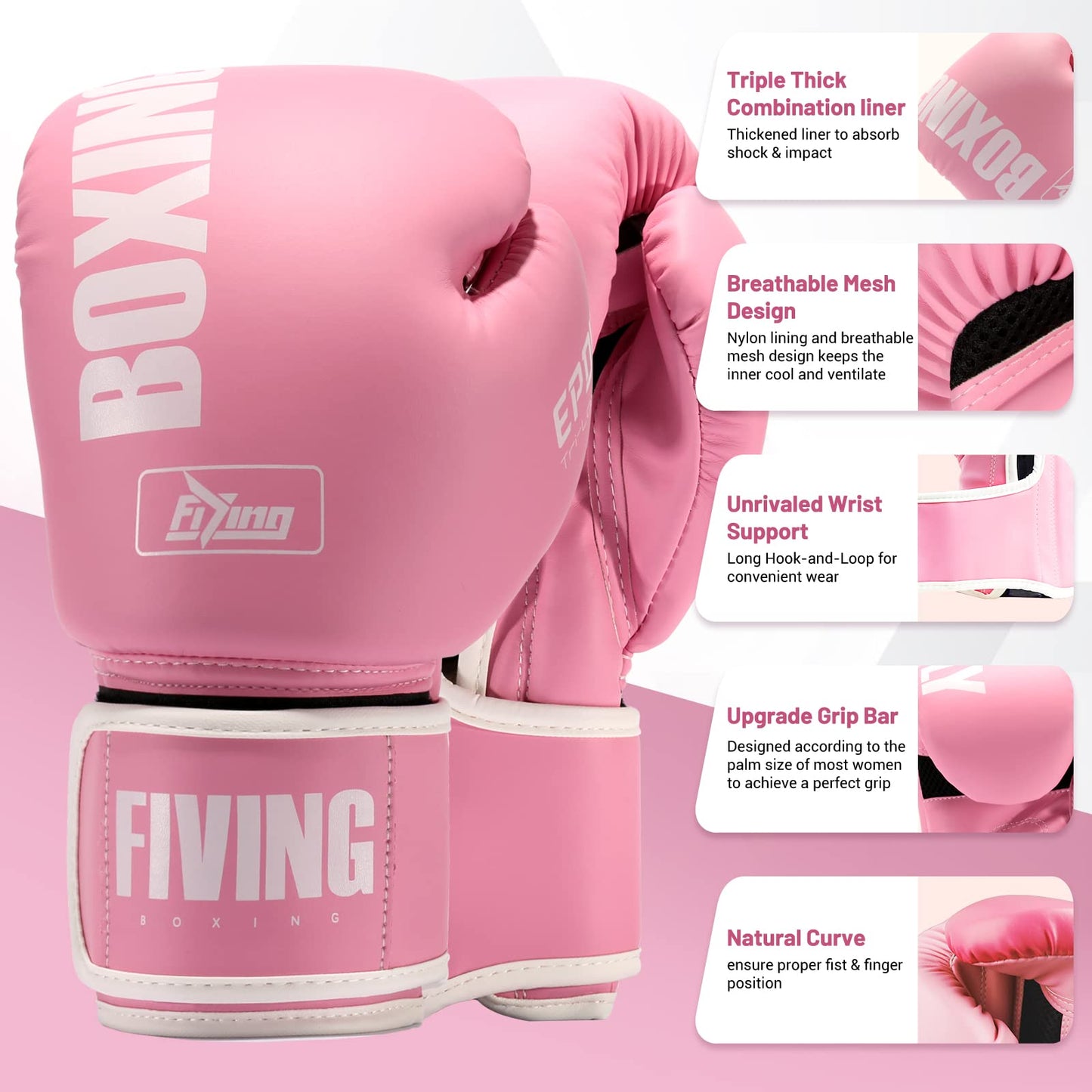 FIVING Pro Style Boxing Gloves for Women, PU Leather, Training Muay Thai,Sparring,Fighting Kickboxing,Adult Heavy Punching Bag Gloves Mitts Focus Pad Workout for Ladies(New Pink, 12oz)