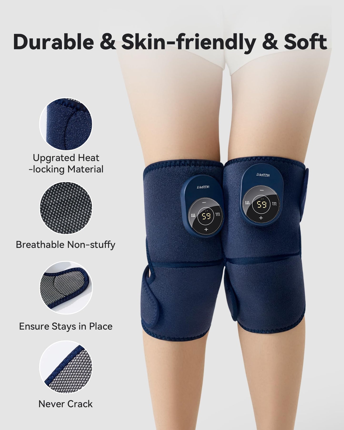 IKEEPFIT Cordless Knee Massager with Heat Vibration for Pain Relief MAXwarm 3.0[2026 Upgraded]-Electric Heated Knee Brace with 3 Heat Levels and 3 Massage Mode, for Men Women(Blue, 2-Pack)
