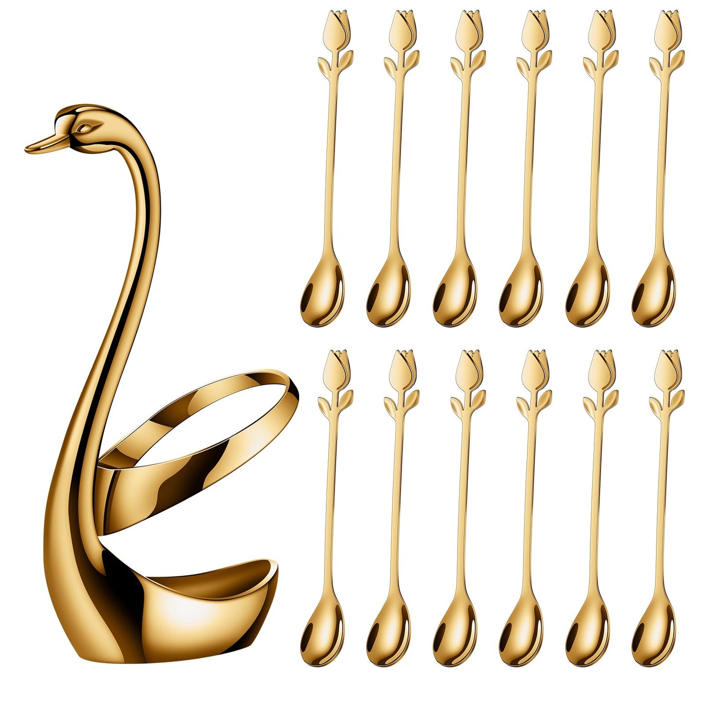 SGVRPVZ Gold Small Coffee Spoon Holder Set,Swan Base With 12 Pcs Demitasse Espresso Spoons Set,6" Mini Tulip/Rose Dessert Spoon,Stainless Steel Tea Spoons