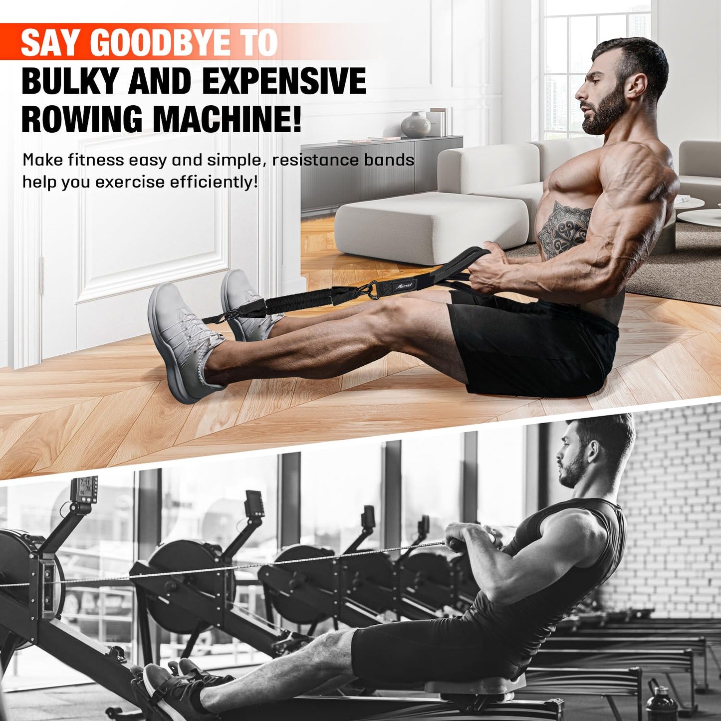 HPYGN Rowing Resistance Bands, Best Replacement for Rowing Machine, Home Gym Workout Equipment for Arms, Shoulders, Core, Back, Glutes and Legs, Rowing Workout, Cardio, Low-Impact, Portable Home Gym