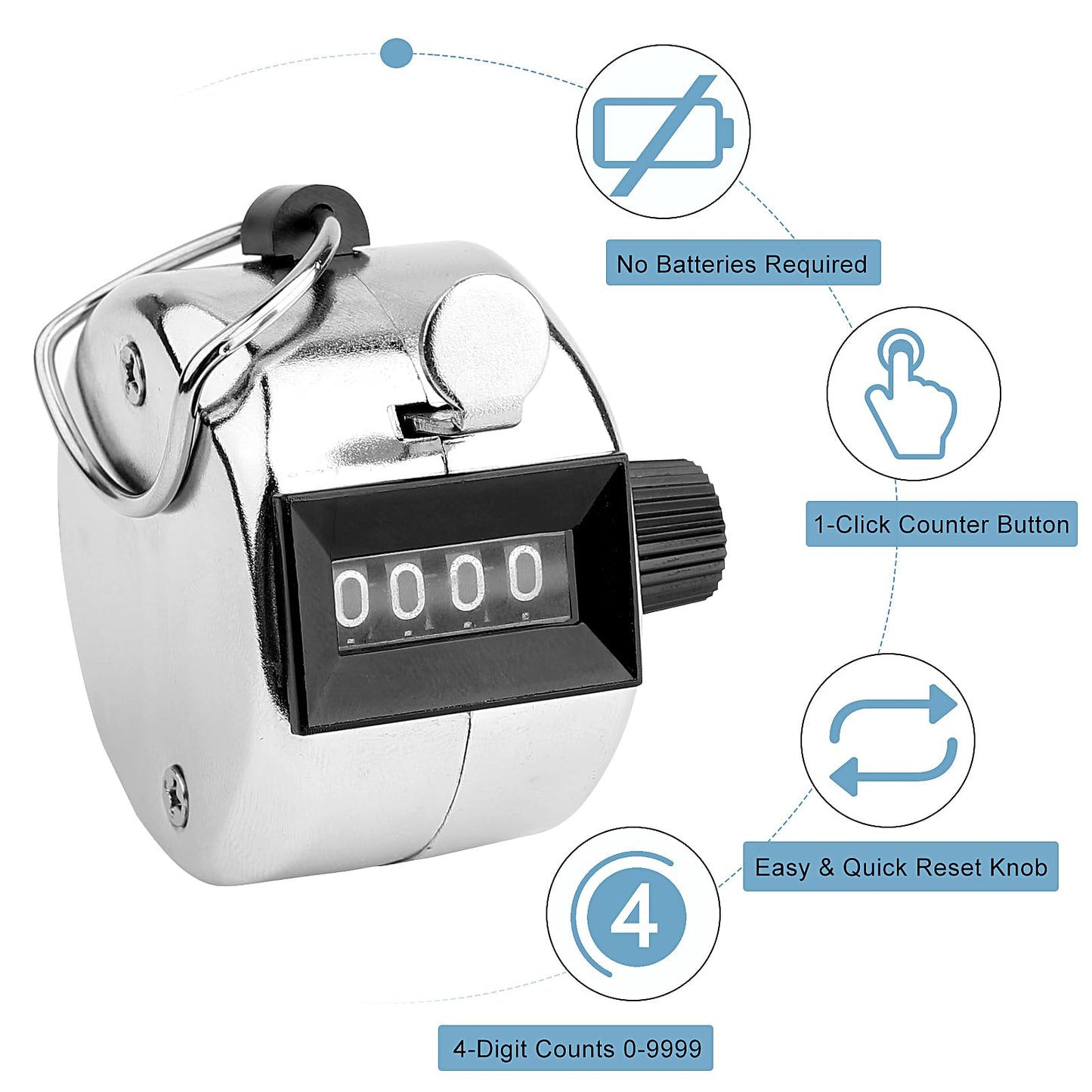 Tcipreay 2 Pack Hand Tally Clicker Counter – 4 Digit Metal Mechanical Hand Counter with Lanyard for People Counting, Lap Tracking, Knitting, Pitch, Golf, Coaching, Umpire, Events