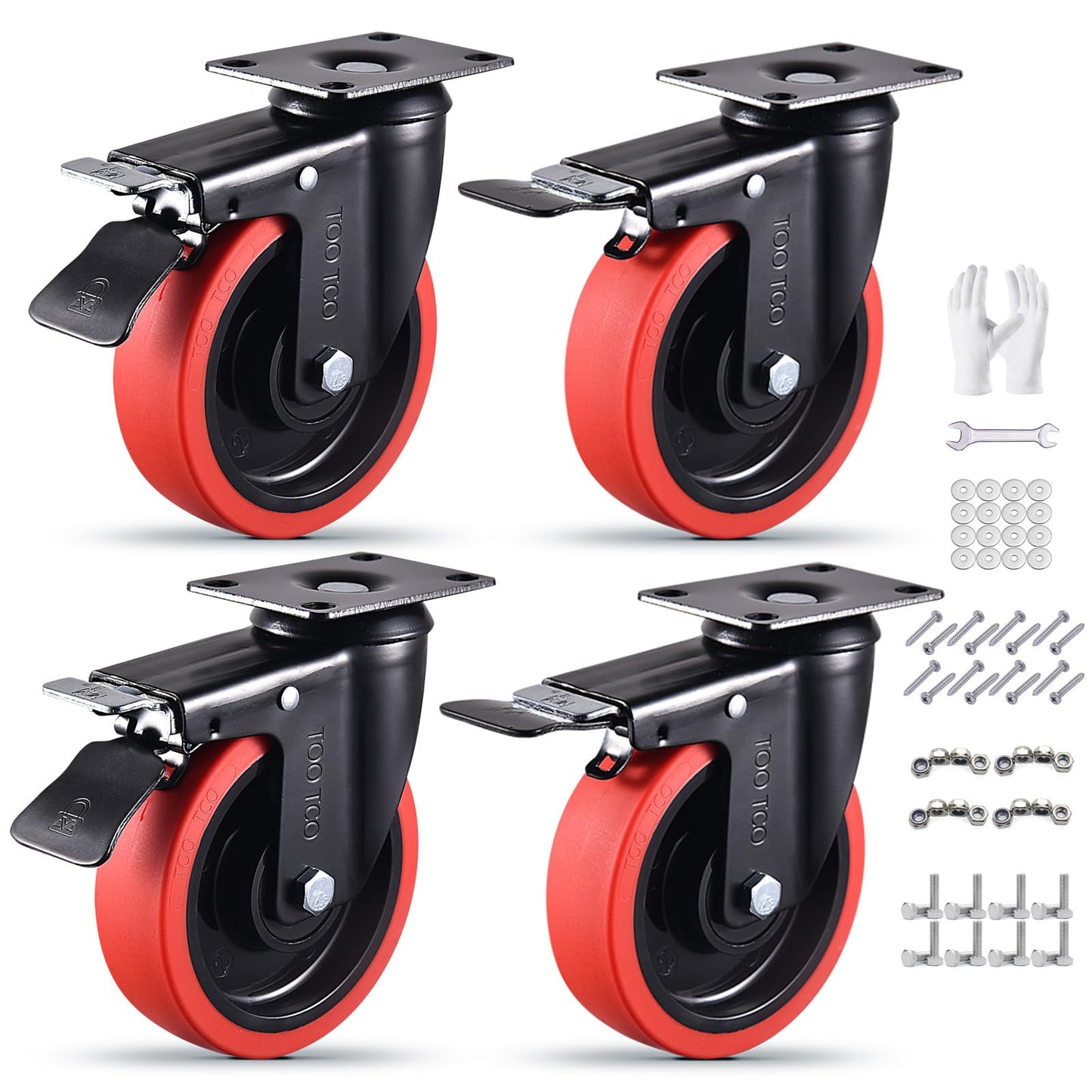 Casters Set of 4 Heavy Duty 5 Inch Caster Wheels with Brake 3000Lbs Capacity Silent Swivel TPR Rubber Wheel Locking Industrial Plate Castors Perfect for Carts, Furniture and Workbenches