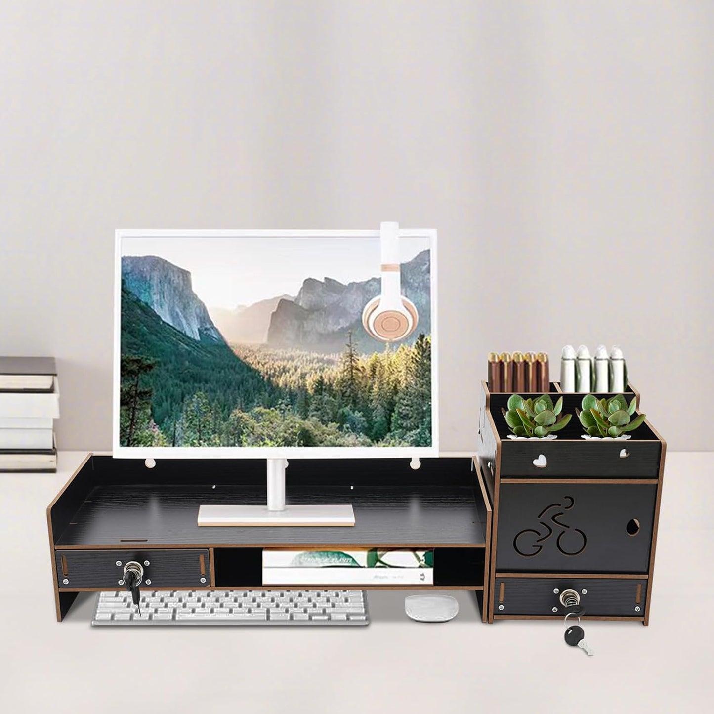 QUSKLISU (05) Computer Monitor Stand, Computer Rack with Drawers, Two top Platforms Desk Organizer Monitor Stand