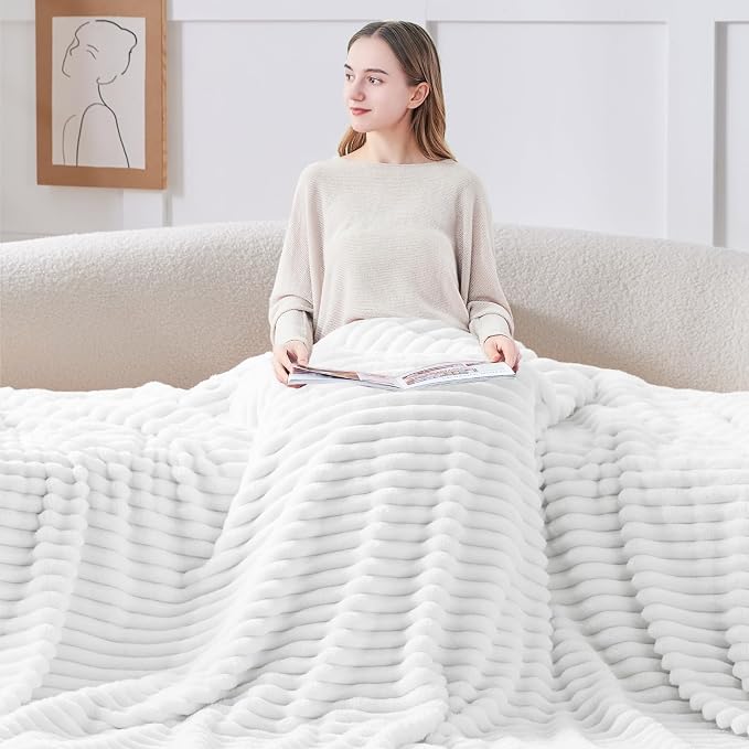 BEDELITE Twin Blanket for Couch & Bed, 300GSM Soft & Warm Fleece Blanket, Decorative and Giftable Striped White Blankets for Women, Men, 60"x80"