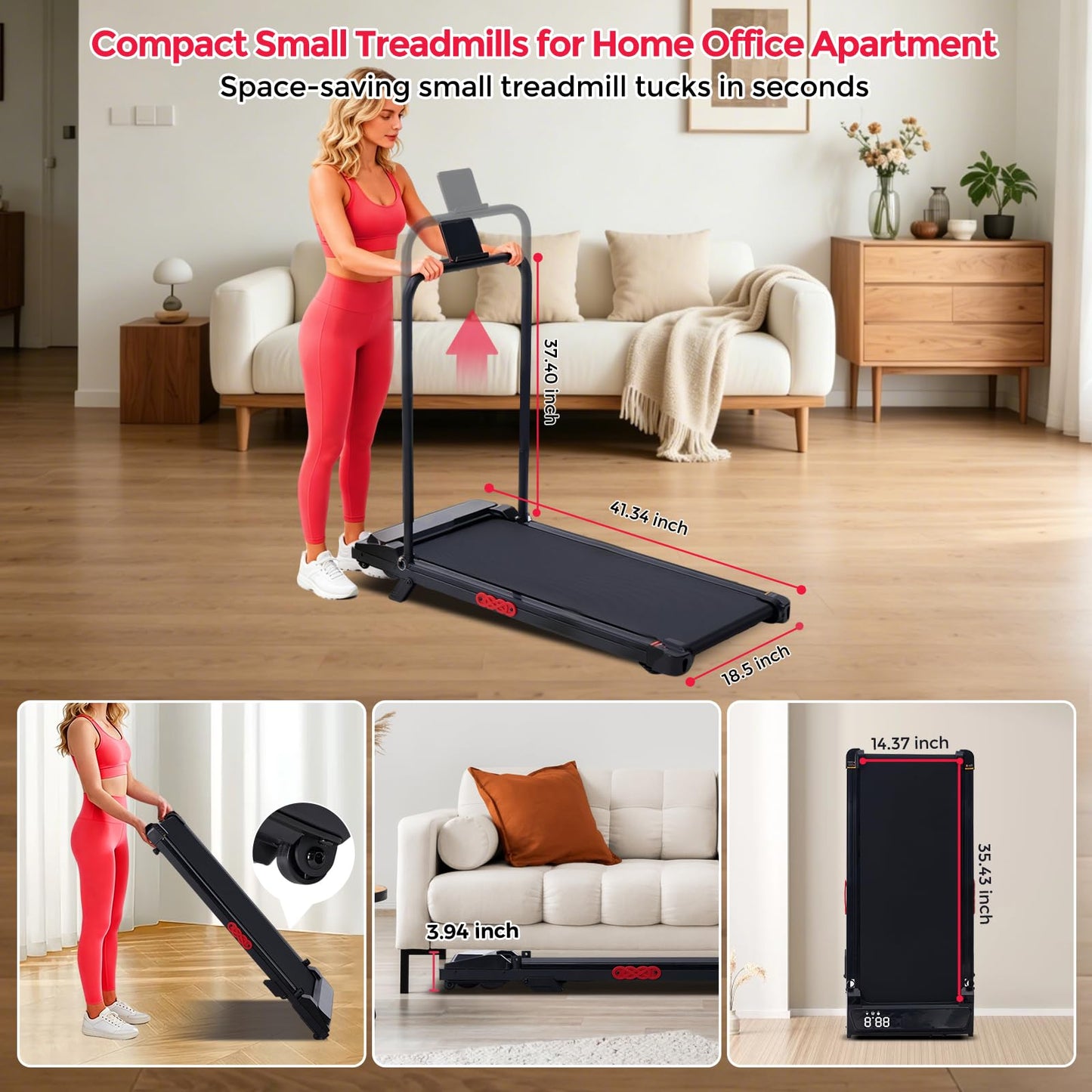 Walking Pad Treadmill with Incline, 3.0HP Portable Mini Walking Pad Treadmill with Handle Bar, 0.6-7.6MPH Small Under Desk Treadmill for Home Small Spaces, 350LBS Electric Treadmills with Handles