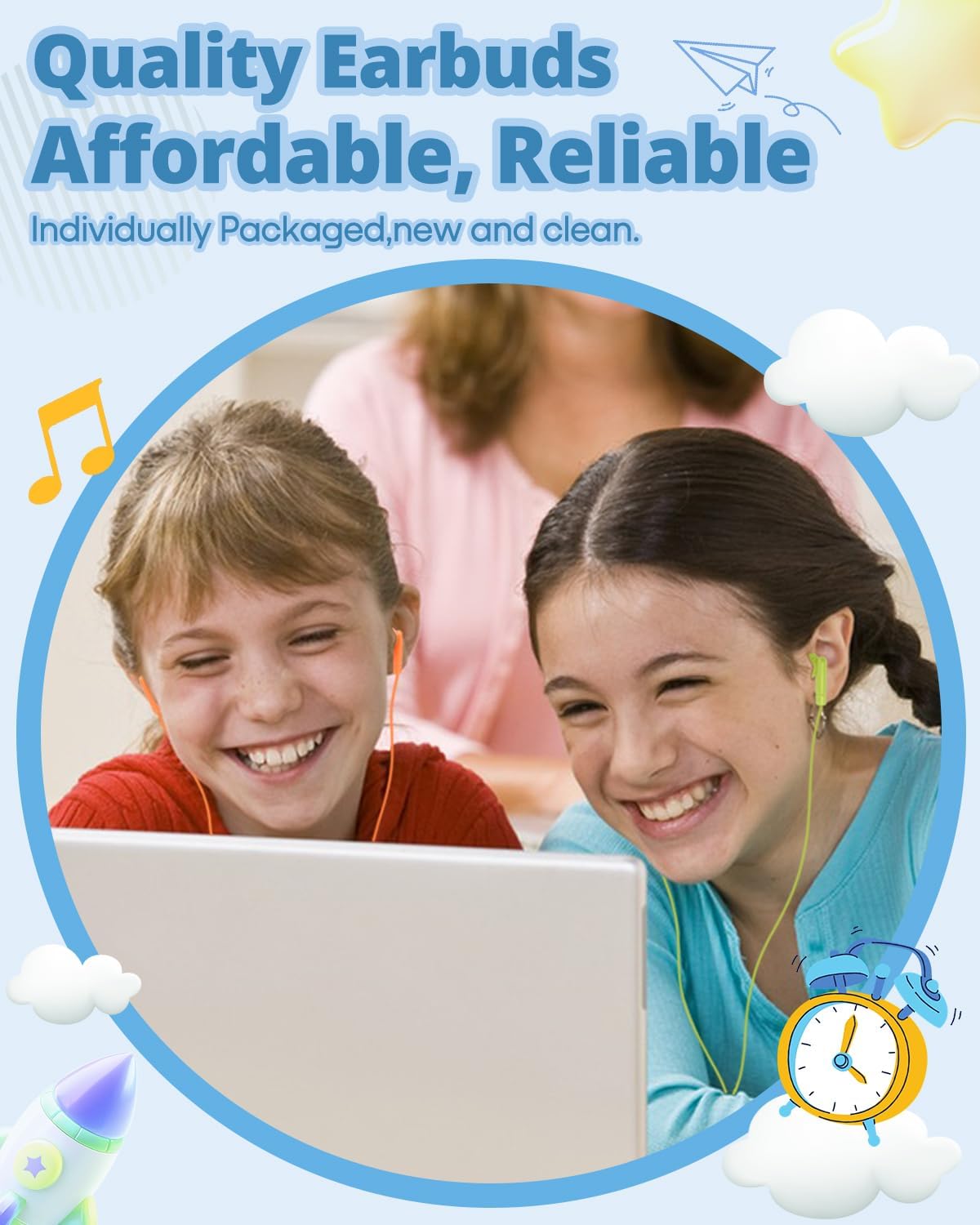 50 Pack Set 3.5mm Bulk Earbuds for Kids, Classroom Earbuds, Affordable in-Ear with Jack, Wired Headphones