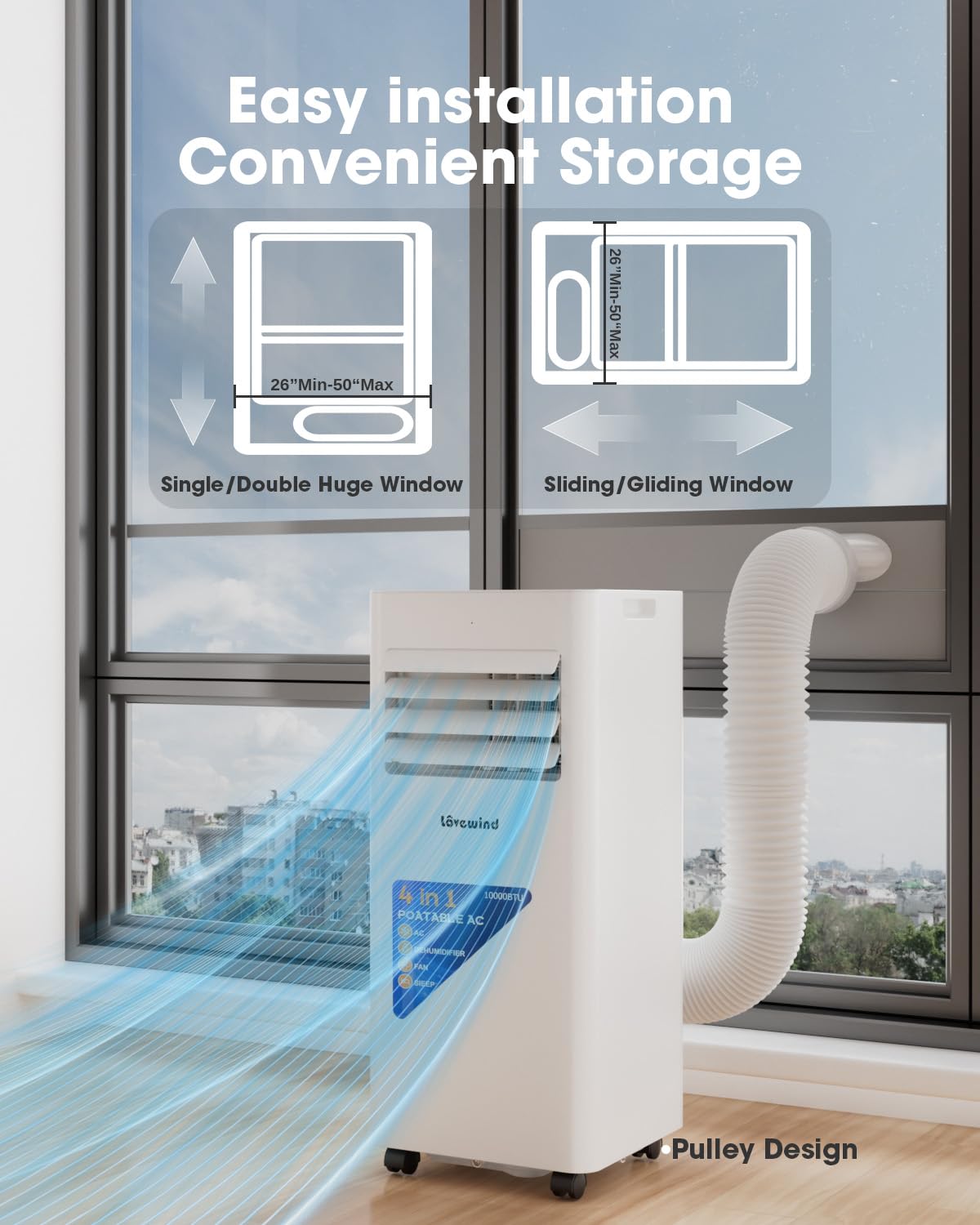 Lovewind 10000 BTU Portable Air Conditioners, Cool Up to 450 Sq.Ft, 4 IN 1 Quiet Portable AC Unit with Remote Control, Dehumidifier & Fan Modes, LED Display, 24H Timer, Installation Kits, White