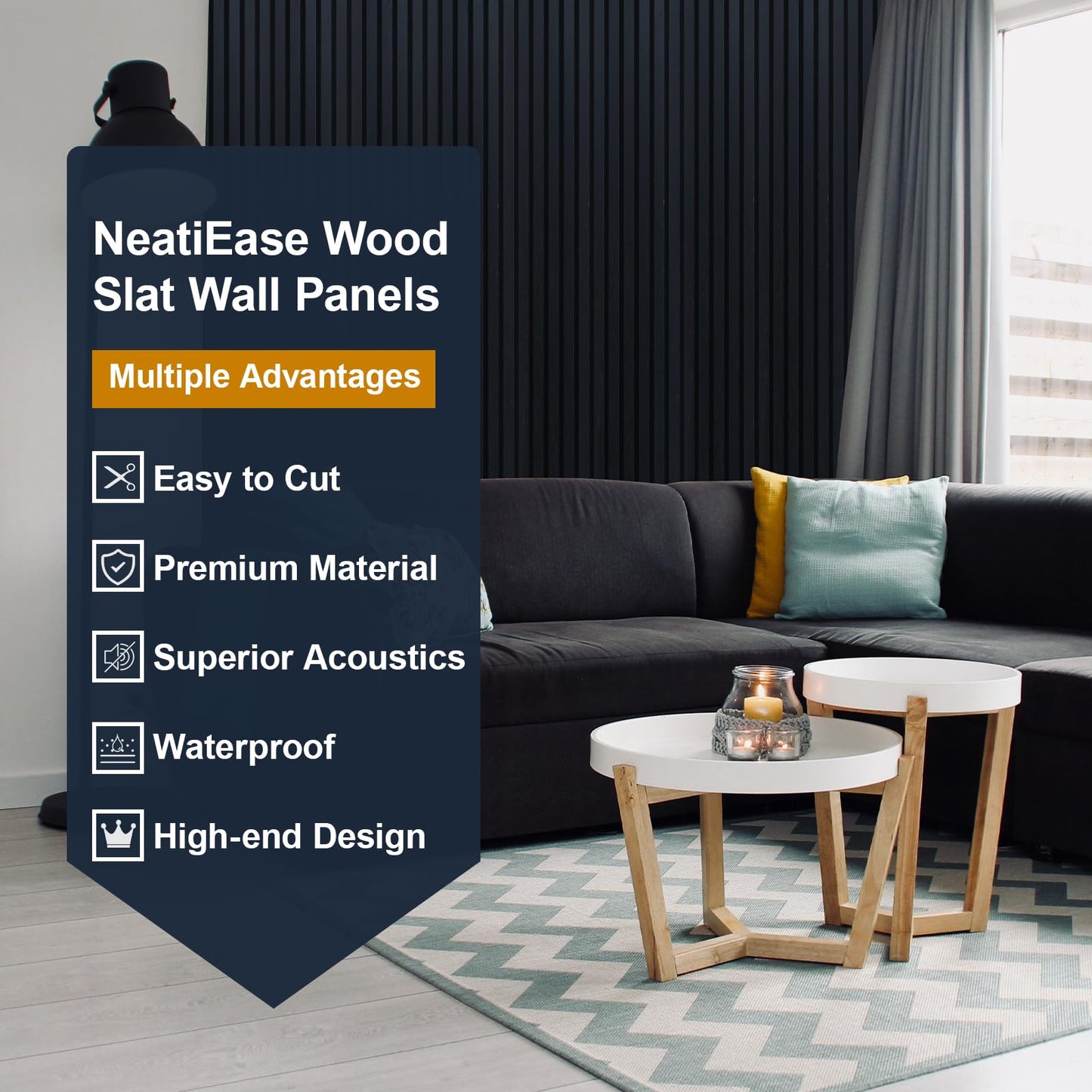 NeatiEase Wood Panels for Wall, 4-Piece 94.5" x 11" Soundproof Wood Slat Wall Panel for Interior Wall Decor Noise Cancelling, Acoustic Wall Panels, Sound Absorbing Panel (Black)