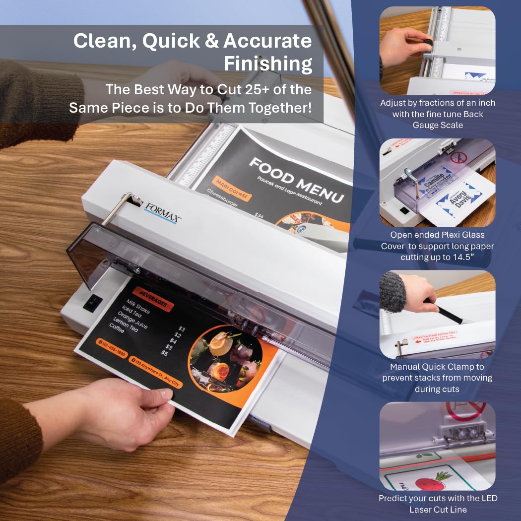 FORMAX Cut-True 13M Tabletop Manual Guillotine Cutter, Manual lever handle, 14.5” Maximum Cutting Width, 5/8” Maximum Paper Stack Height, 1.58” Narrow Cut, LED Laser Cut Line, Blade Change Handles