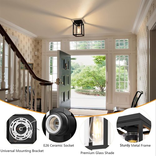 Baocuz Semi Flush Mount Ceiling Light Fixture, Black Metal Frame Porch Ceiling Light Fixture with Clear Glass Shade and E26 Ceramic Base, Farmhouse Light Fixtures for Kitchen Entryway Foyer