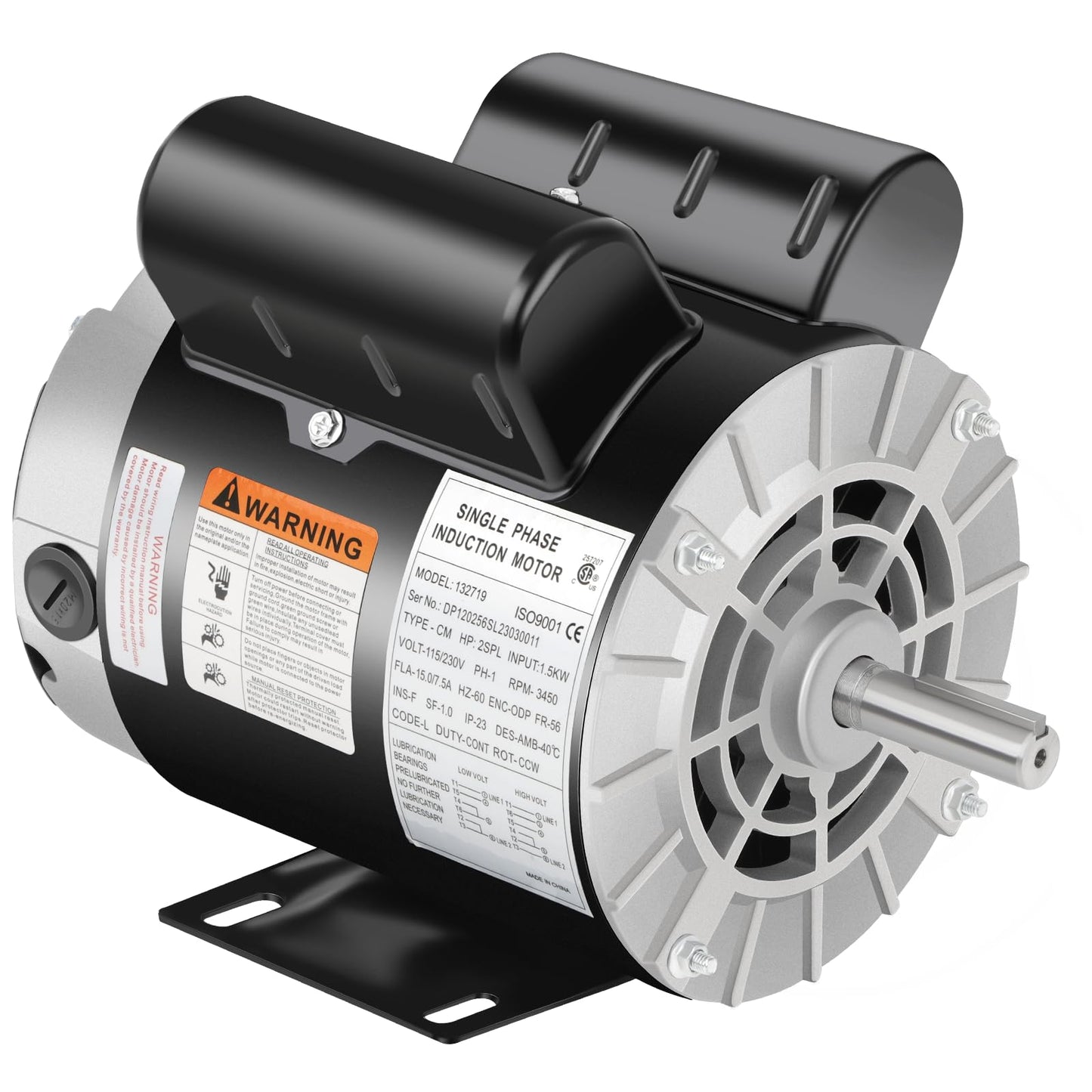2 HP SPL Air Compressor Motor, Single Phase 3450 RPM Electric Motor, AC 115/230V 15/7.5A, 56 Frame 5/8" Shaft Diameter, Commercial-Duty CCW Rotation, 1.88" Shaft Length for Air Compressors