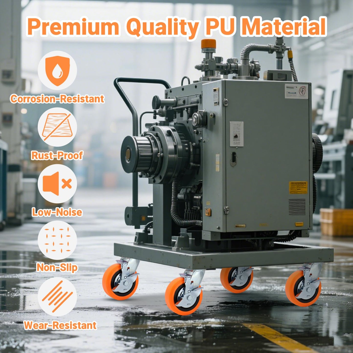 Humagineer 6 Inch Industrial Casters - Castor Wheels Sets 4 Heavy Duty with Dual Ball Bearing, Polyurethane Wheel Capacity up to 4500 lbs, Plate Swivel Wheels for Workbench, Equipment(4 Brake)