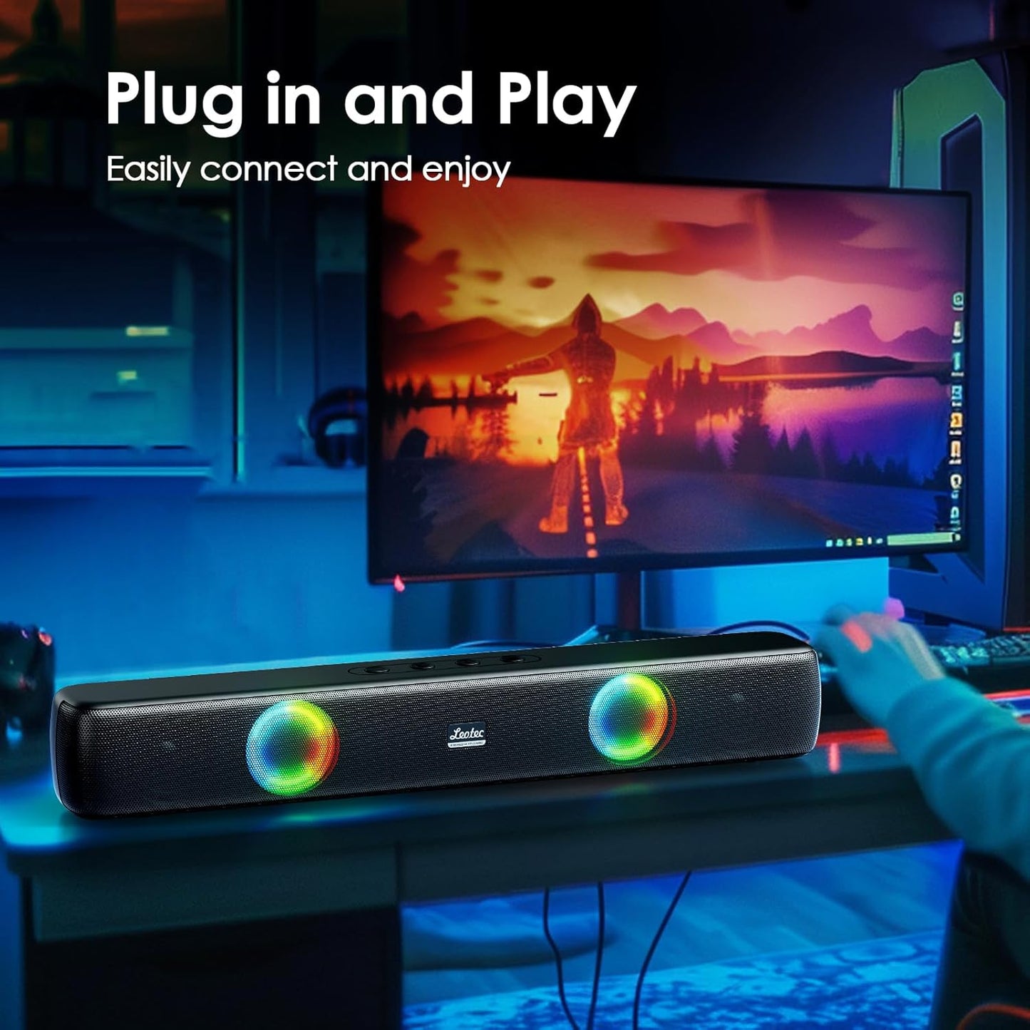 LEOTEC Computer Speakers with FM Radio,Stereo Sound,Portable Mini Sound Bar,Type-C Charging,AUX in,TF,USB for Computer