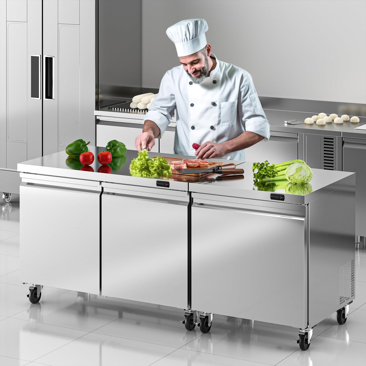 Rockitch 60" W Commercial Undercounter Freezer, 14.1 Cu.ft Stainless Steel Worktop Freezer, 2 Doors Fan Cooling Kitchen Fridge with Adjustable Shelves for Restaurant Food Prep, ETL Approved
