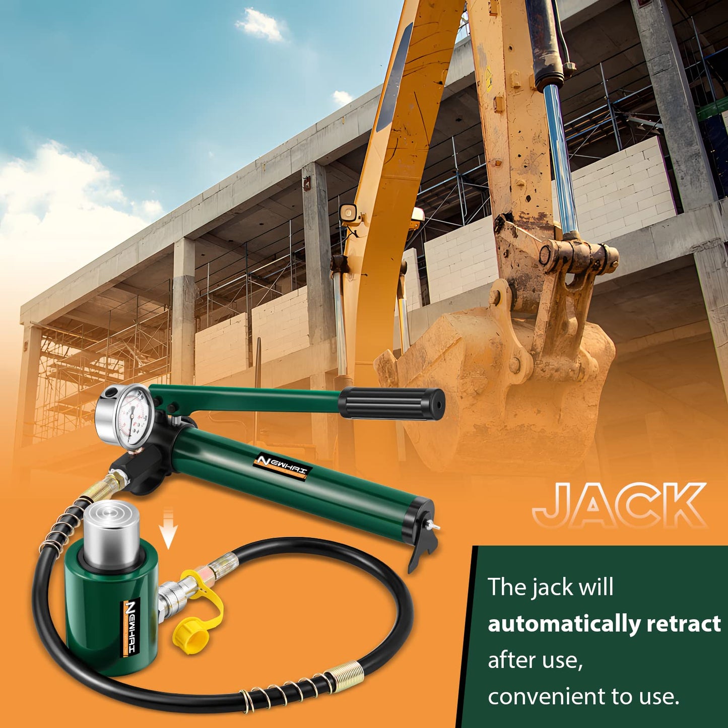Newhai 20 ton 2” Hydraulic Ram Jack+ cp-180 Hand Pump with Pressure Gauge Hydraulic Porta Power 20 ton Kit Low Profile Short Cylinder
