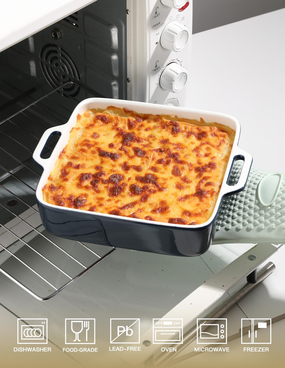 Sweejar 8x8 Baking Pan - Ceramic Casserole Dish with Double Handles | 2 QT Navy Square for Brownies & Lasagna