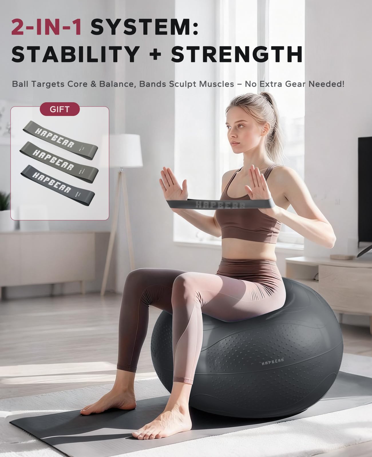 HAPBEAR Exercise Ball (22''/26''/30'') - Anti-Burst Slip-Resistant Yoga/Pilates Ball for Core Training & Posture Improvement, Home Gym/Rehab/Pregnancy Ball, Quick Pump & 3 Resistance Bands Included