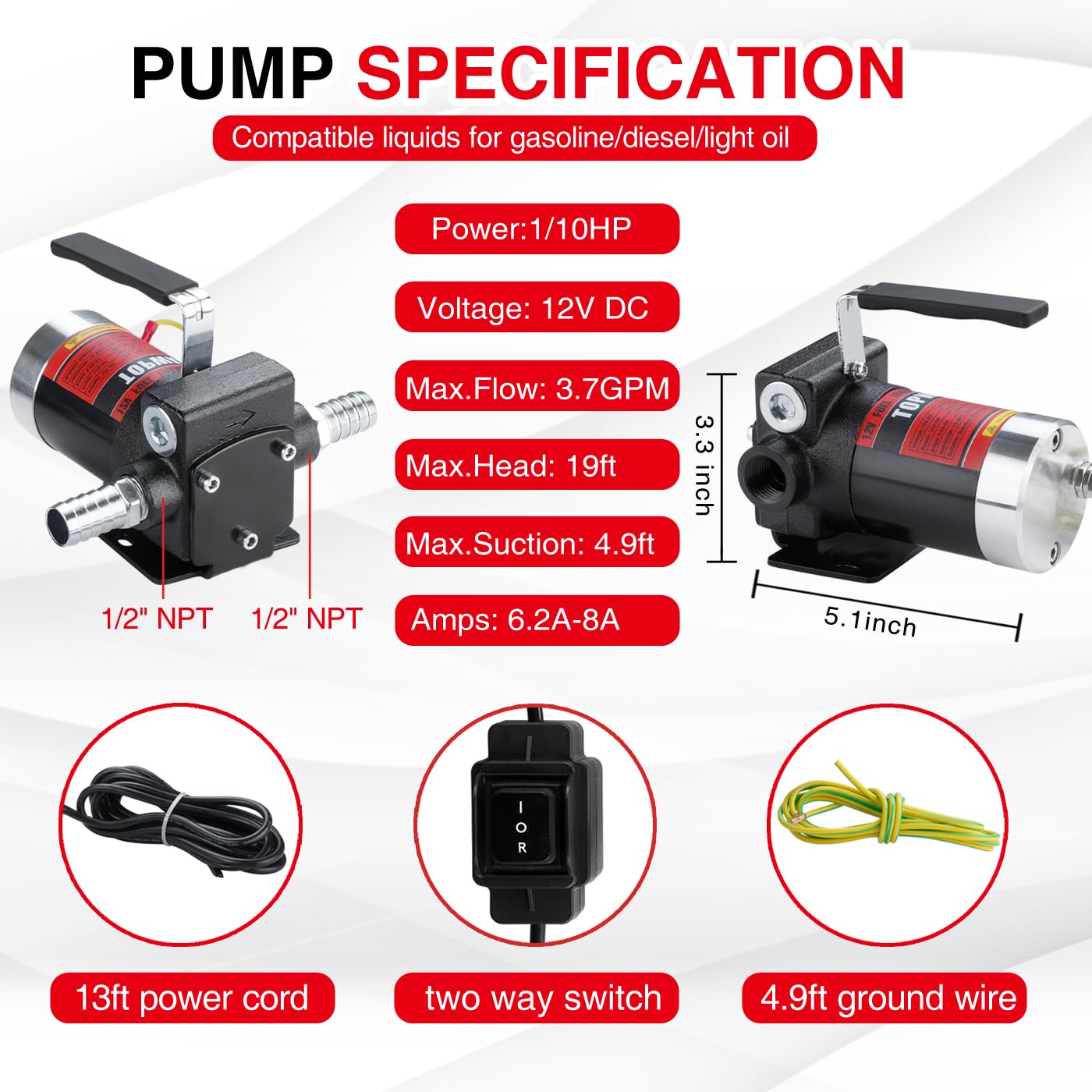 TOPWAY 12V DC Gasoline Fuel Pump 3.7GPM Self-priming Oil Transfer Pump With Handle, Reversible Pumping, Overheat Protection, Explosion-Proof, Built-in Bypass, for Gasoline Fuel Diesel Kerosene Removal