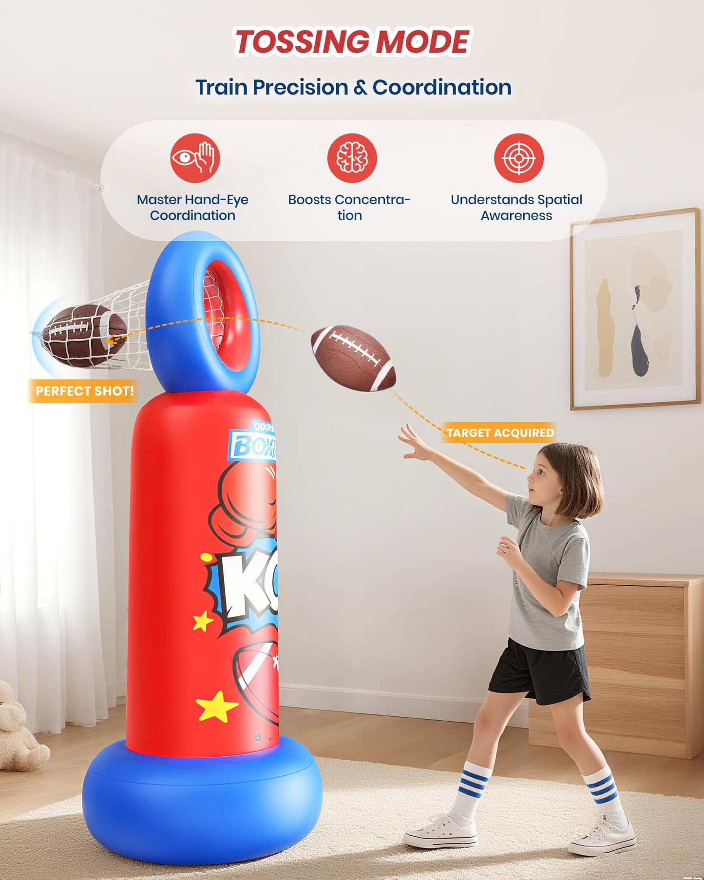 ODOSOLA Inflatable Punching Bag for Kids, 2-in-1 Freestanding Boxing Bag with Football Toss Game, 68.8'' Heavy Duty Karate Taekwondo Toy for Boys Girls Ages 3-12, Birthday Xmas Gift Ideas