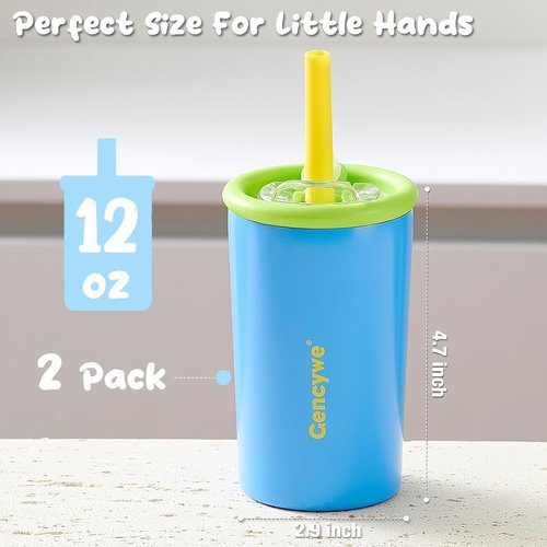 Gencywe Kids Stainless Steel Cups - 12 oz Double-Walled Sippy Tumblers with Straws & Lids | BPA-Free, Spill-Proof