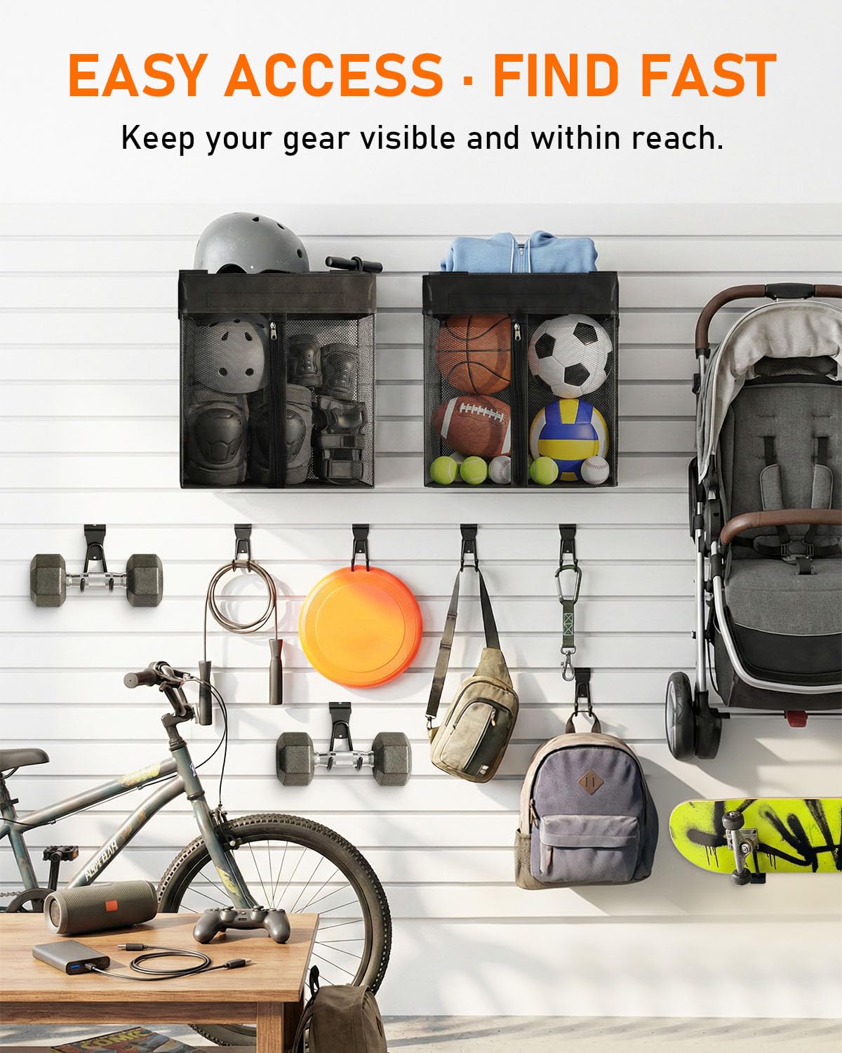 ZORUNNA 2PCS Slatwall Basket with Zipper, 6 PCS Heavy Duty Hooks, 16x15x11 Inch Slatwall Accessories, Easy to Install Garage Storage Mesh Basket for Shop Gym Toy Display Storage.