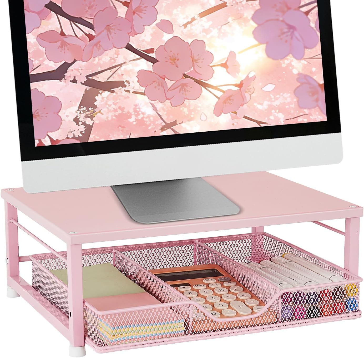 Small Pink Laptop Stand for Desk, Monitor Stand, Office Desk Accessories, Computer Desktop Stand with Drawer for Home