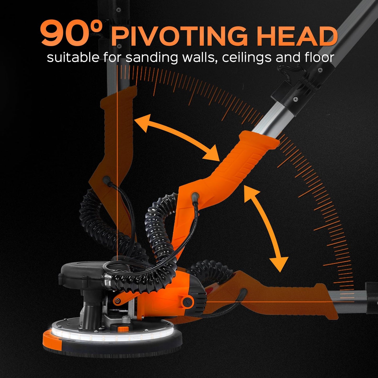 Drywall Sander Tool, KUPERIA 8.5 Amp Popcorn Ceiling Removal Tool with 7 Variable Speed 800-1800RPM,Electric Drywall Sander with Extendable Handle,LED Light,6 Basic Sand Paper& 6 Grid Sandpaper,Orange