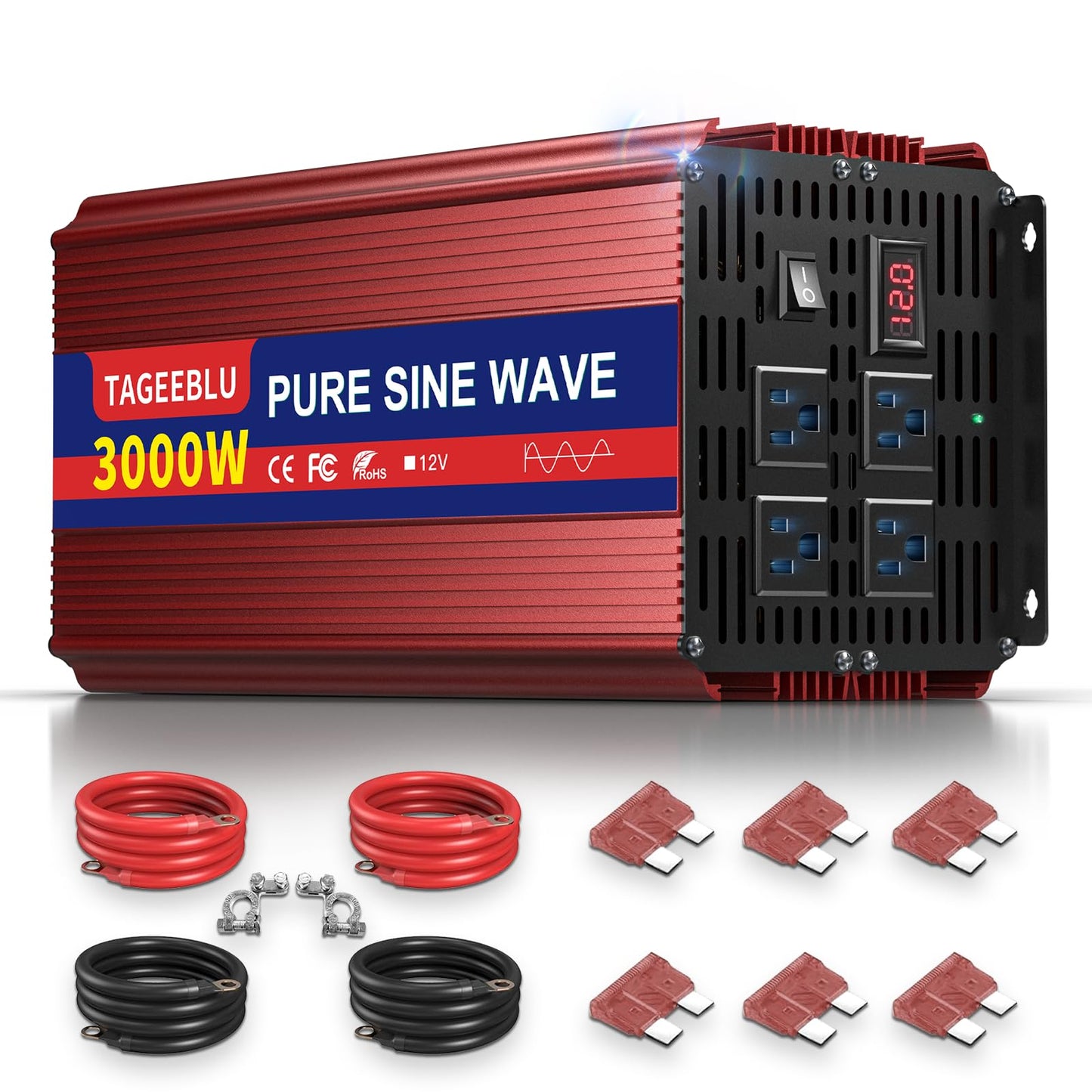TAGEEBLU 3000W Pure Sine Wave Inverter - 6000W Surge Peak, 12V DC to 110V AC Heavy Duty Power Inverter for RV, Truck, Home, Solar, Off-Grid, Outdoor, Car Converter with 4 AC Outlets and LCD Display