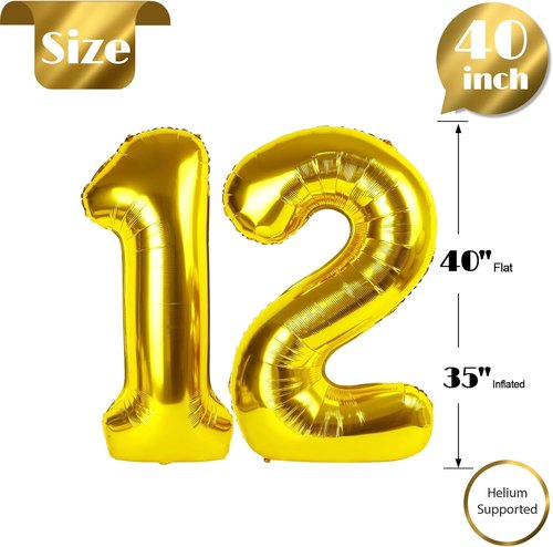 Gold Number 12 Balloon - 40 Inch Gold Birthday Decoration for 12th Year Celebration