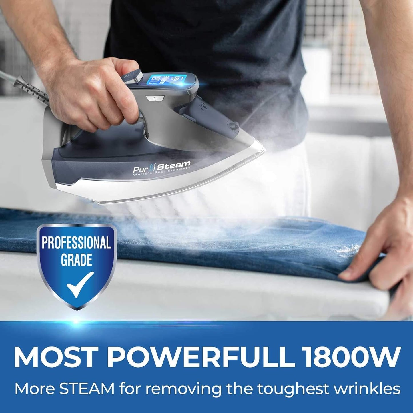 Pursteam Steam Iron - 1800W Power, LCD Screen, Nonstick Ceramic Soleplate | Auto Shutoff & Self-Cleaning