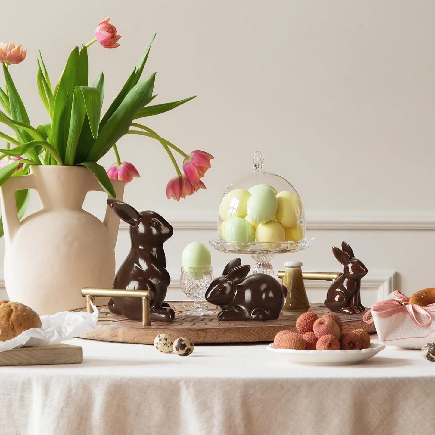 Rabbit Decor Ceramic Chocolate Bunny Figurines - Set of 3 Cute Home Table Centerpieces for Living Room & Office