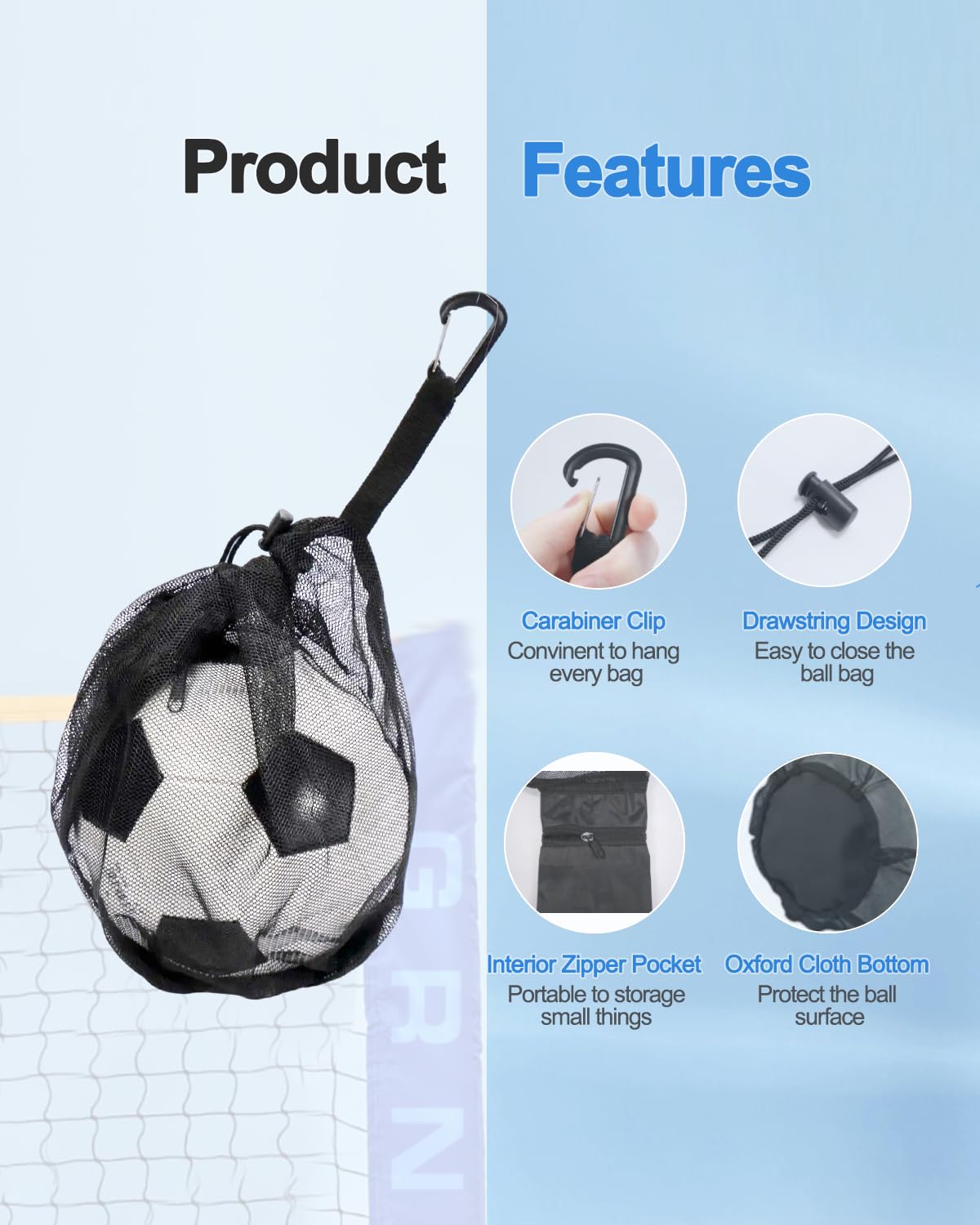 LHWINYI 2Pcs Single Mesh Ball Bag for Basketball Soccer & Volleyball, Lightweight Net Storage with Zipper Pocket for Sports, Portable Drawstring Bags with Hanging Clip for Men, Women & Athletes, Black